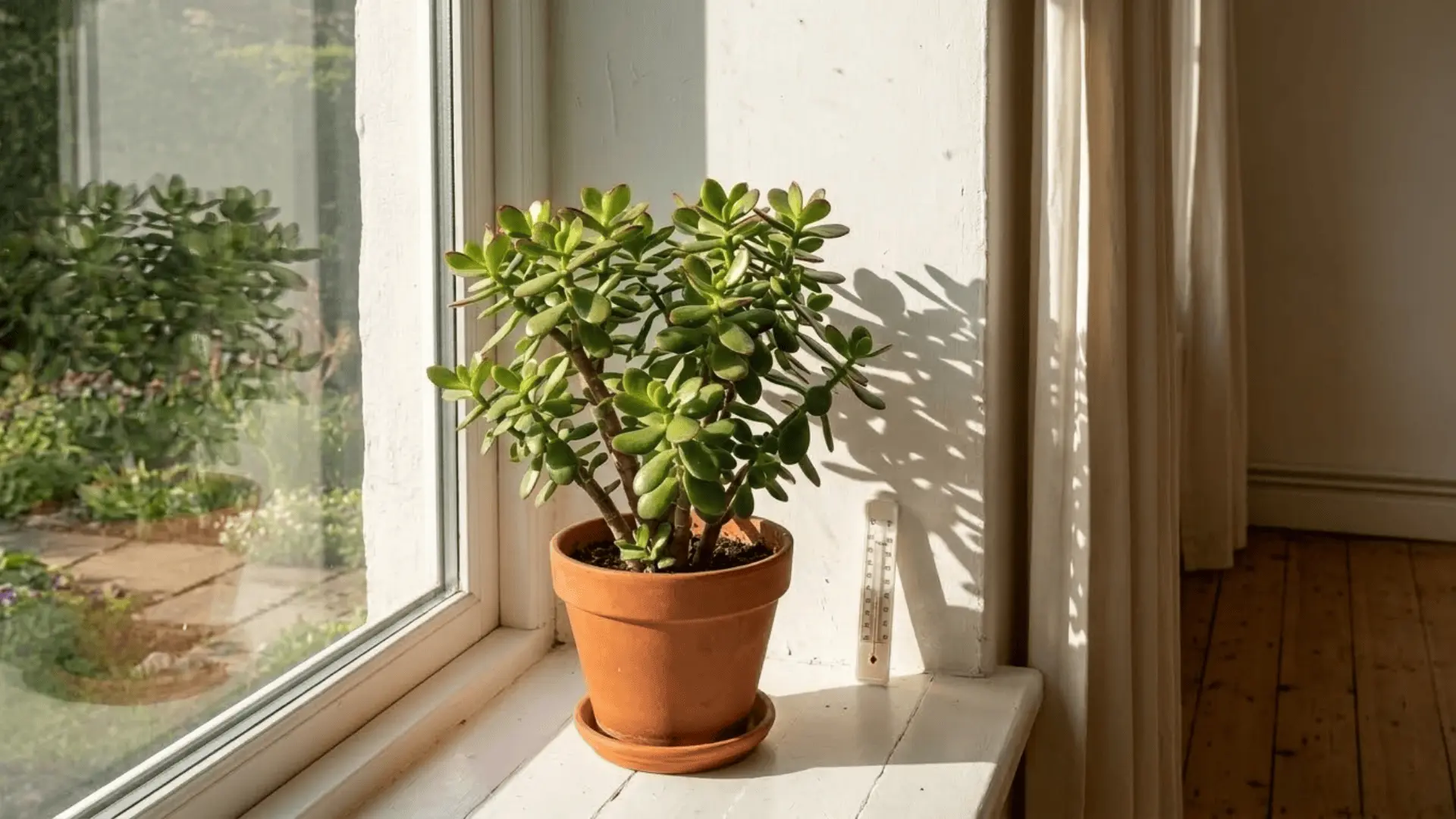 a jade plant on a sunlit south-facing windowsill in a bright minimal room with natural morning light