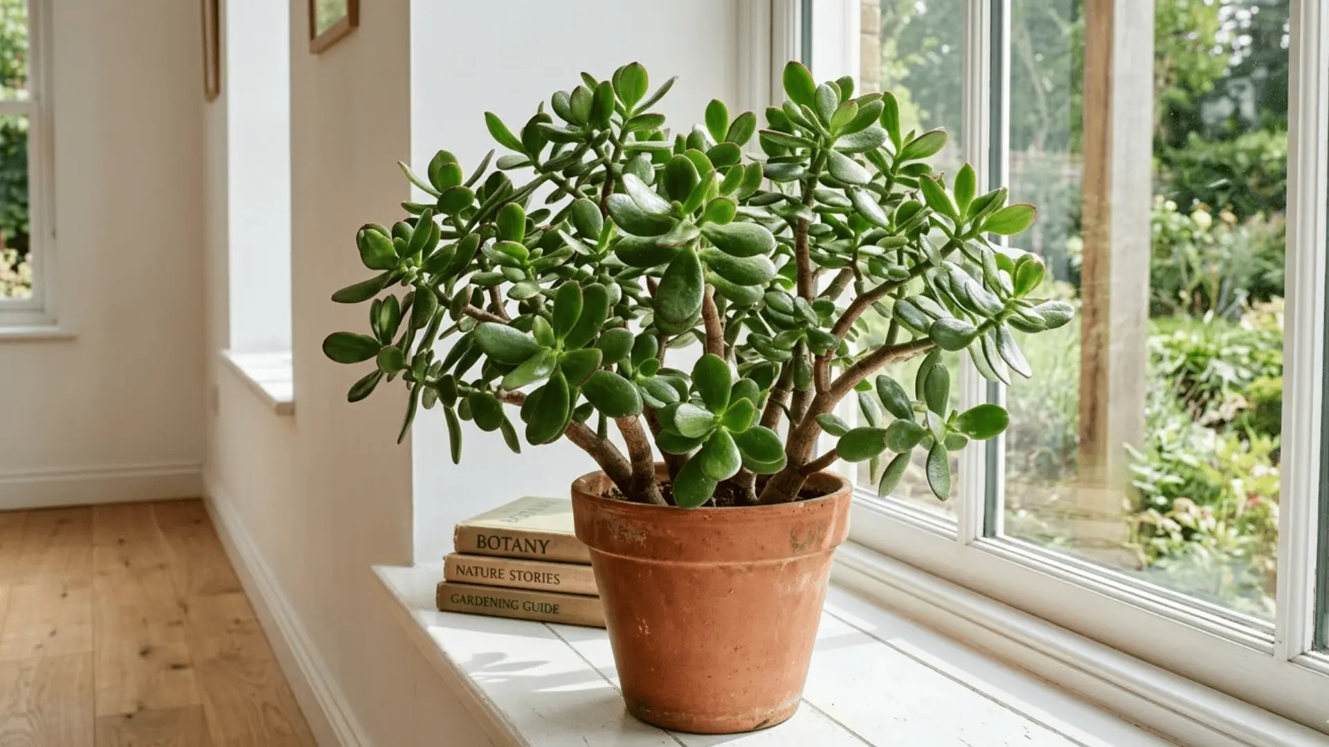 a jade plant with thick glossy green leaves in a terracotta pot on a sunny white wooden windowsill
