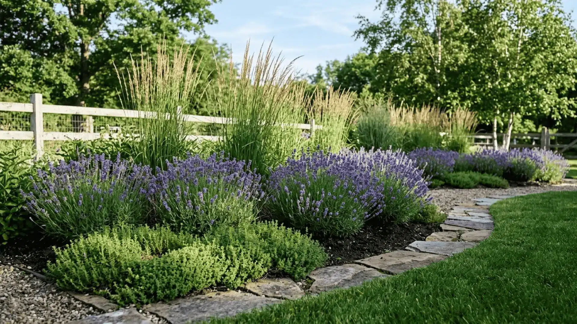 a layered garden bed with creeping thyme, lavender shrubs, and ornamental grasses in morning light