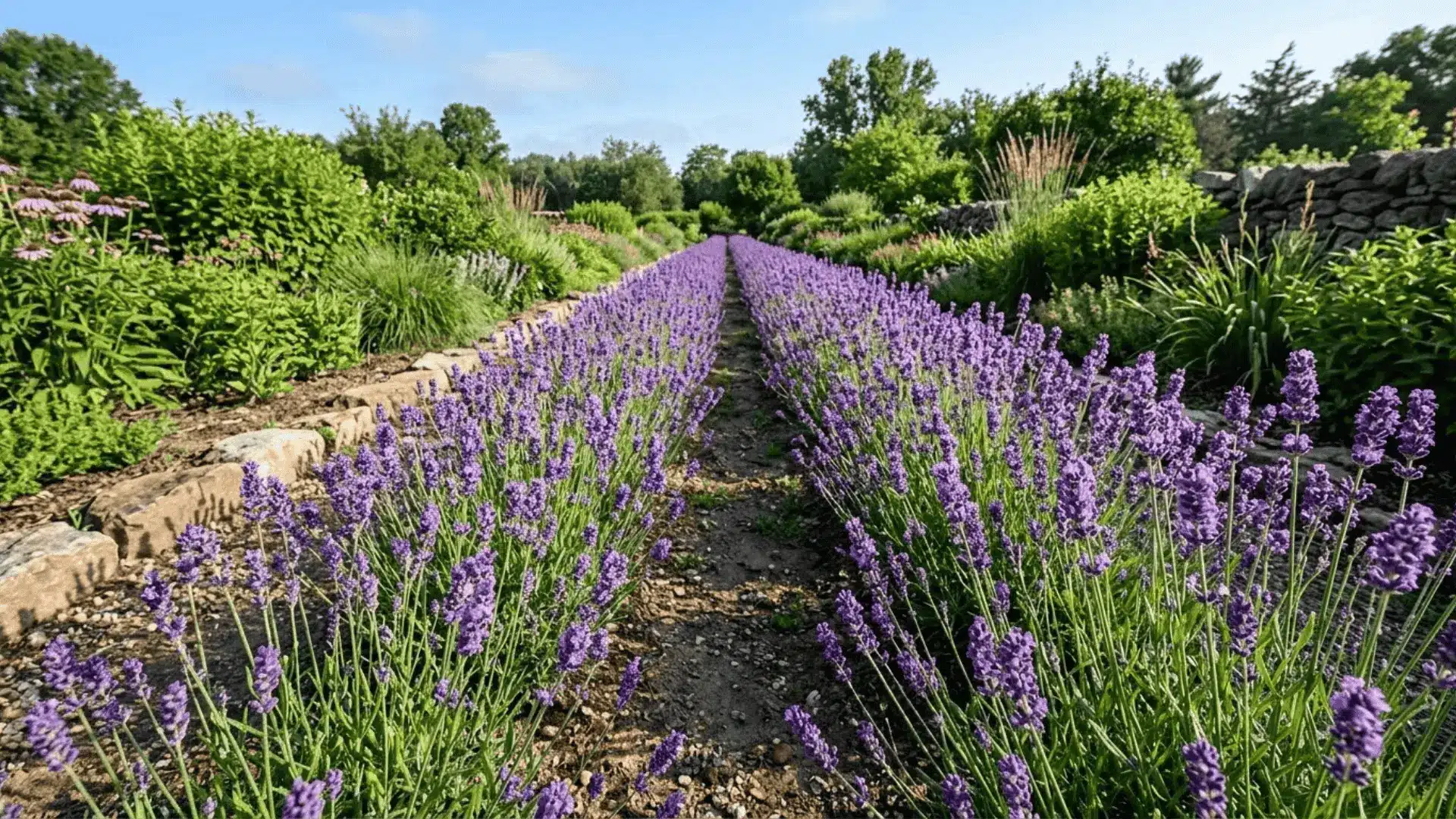 a sharp garden row of lavender in full purple bloom with morning dew visible on the stems