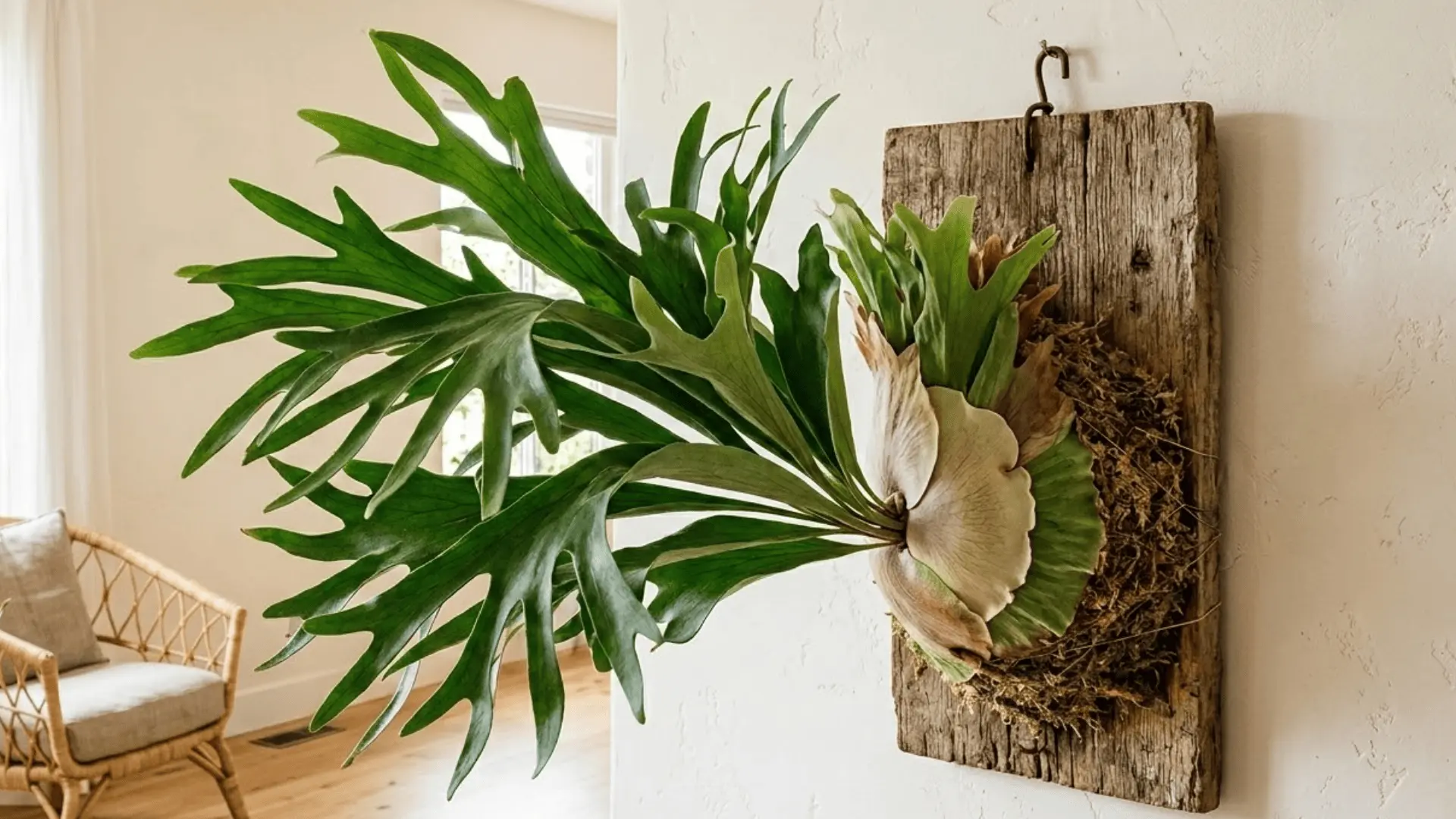 a staghorn fern mounted on an oak board hanging on a warm white wall in a sunlit indoor space