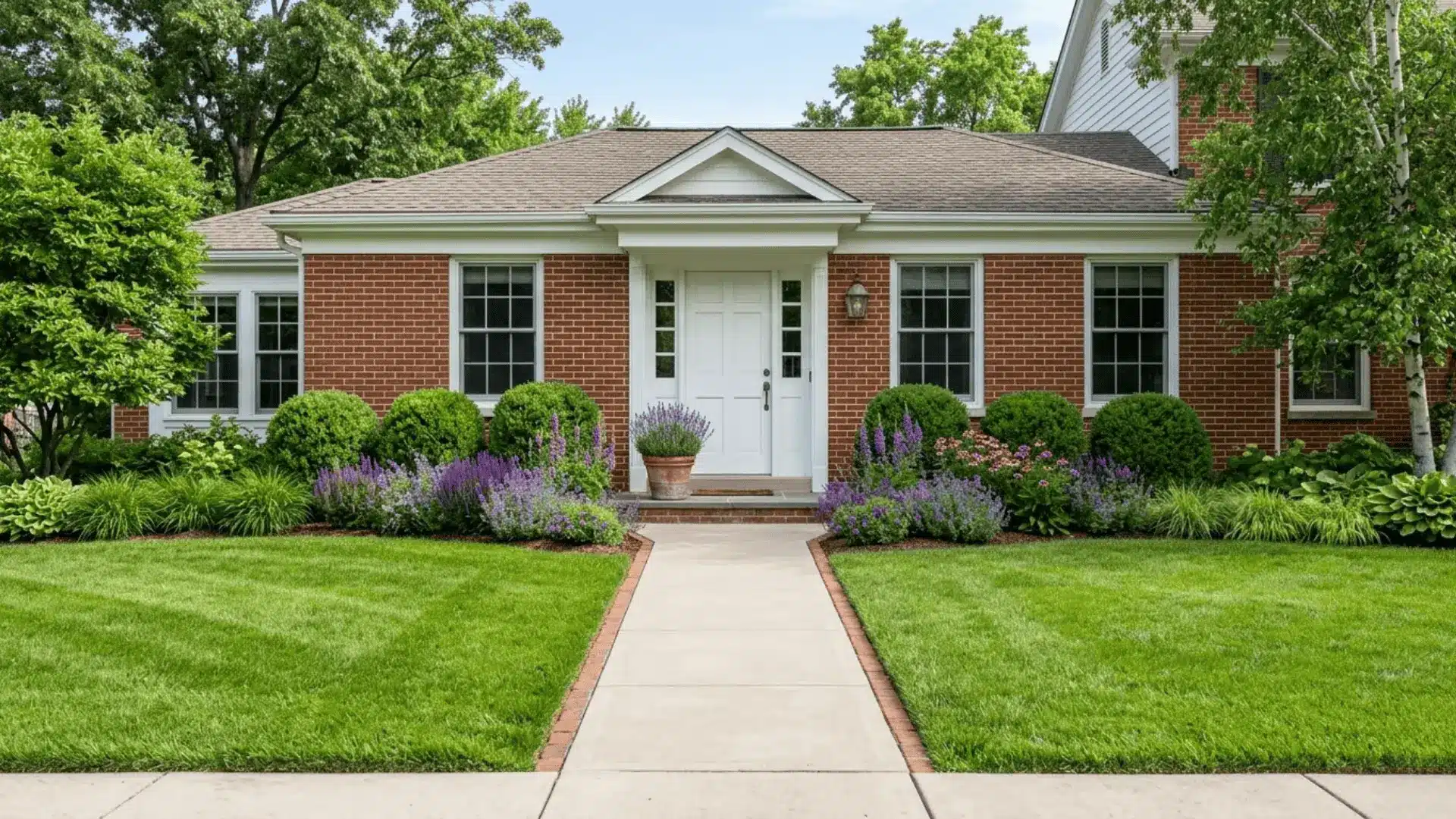 a symmetrical front yard entry with boxwood shrubs, layered foundation plantings, and a potted lavender