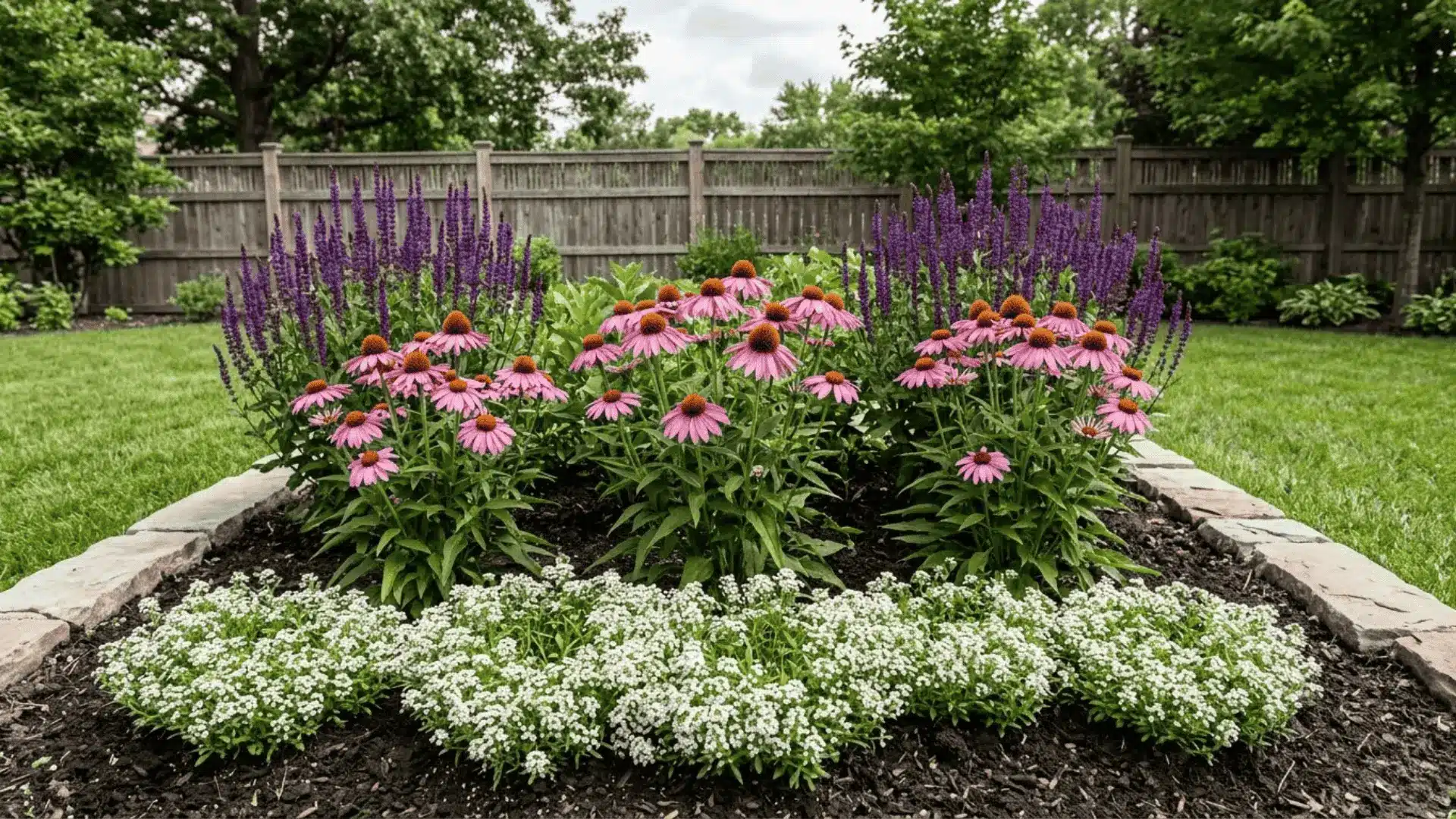 a tiered flower bed with white alyssum, pink coneflowers, and purple salvia in natural daylight