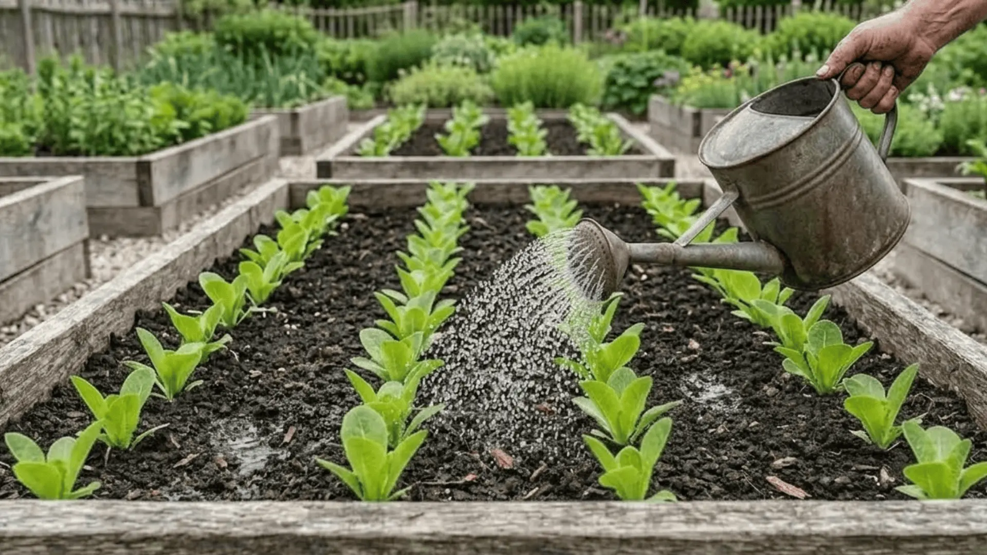 a watering can gently misting young lettuce seedlings in a garden bed with water droplets on leaves