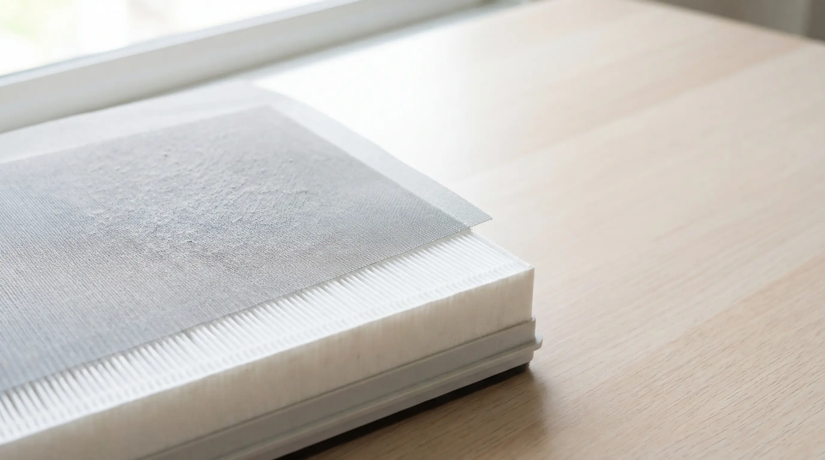 Air purifier HEPA filter on light wooden tabletop in bright natural light