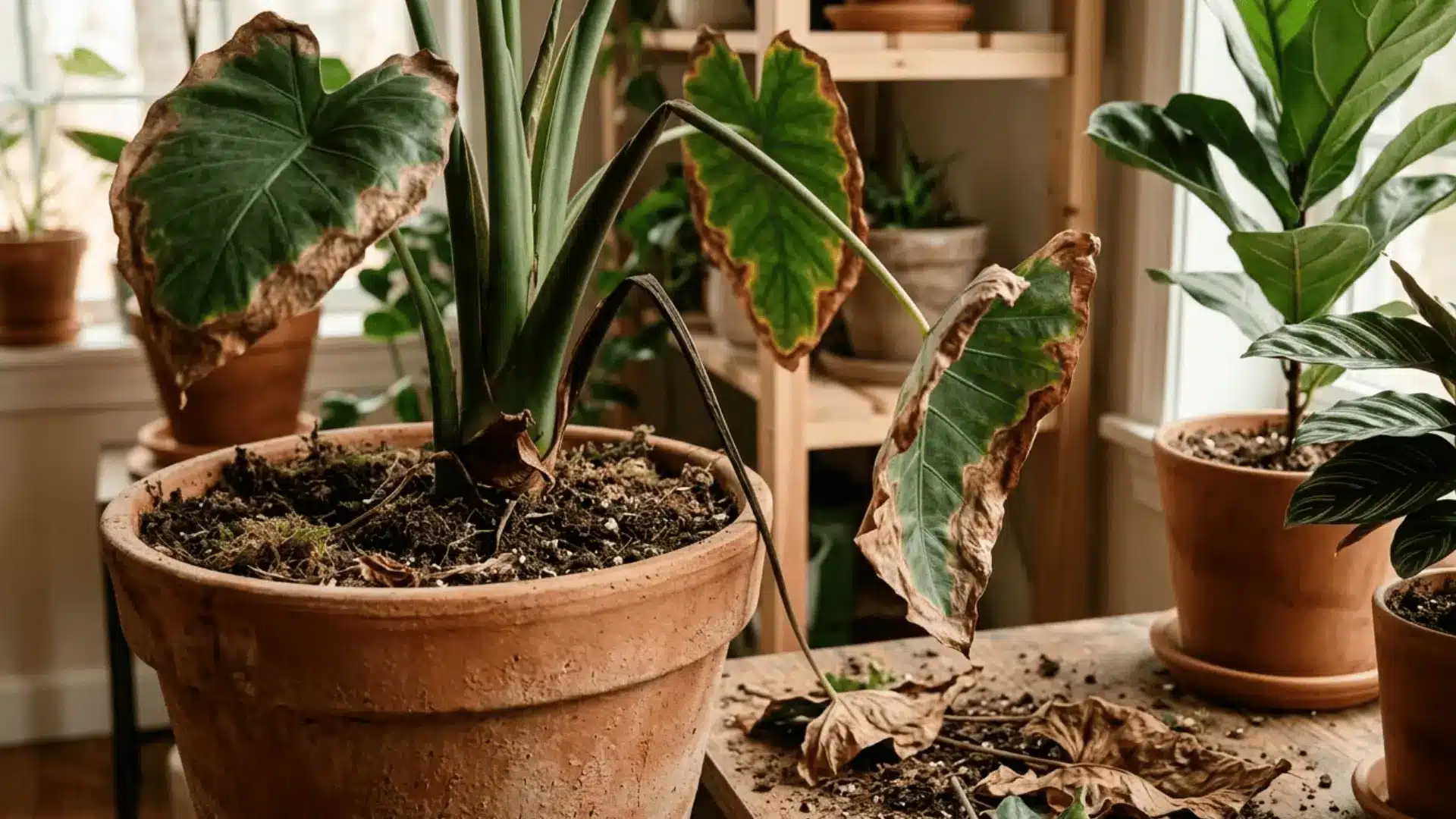 alocasia plant with browning curling leaves and visible stress damage from severe spider mite infestation indoors