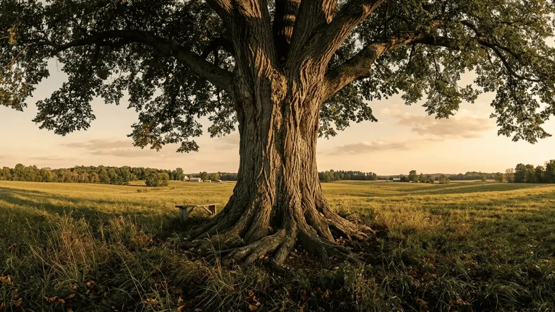 ancient elm tree with vast canopy and deeply furrowed trunk standing in a golden hour pastoral landscape