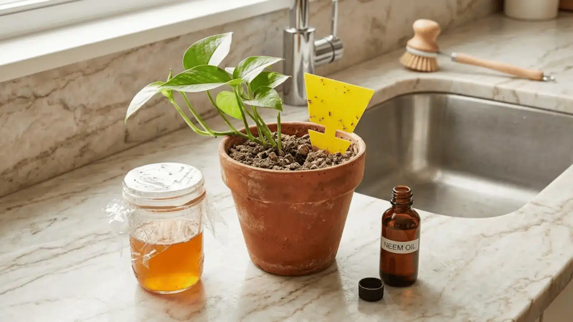 apple cider vinegar trap, neem oil, and yellow sticky trap near a houseplant on a kitchen counter