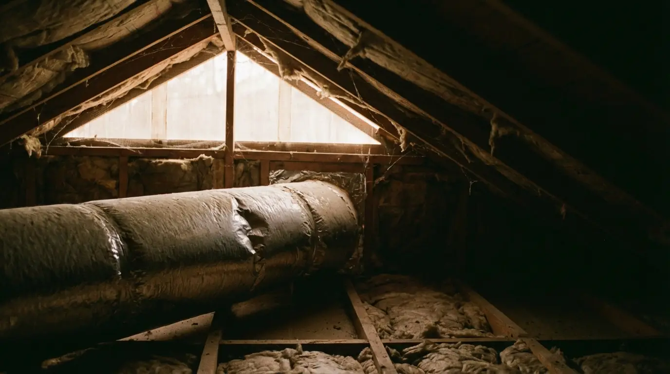 Dark attic scene with exposed insulation and large ductwork beneath a wooden beam ceiling
