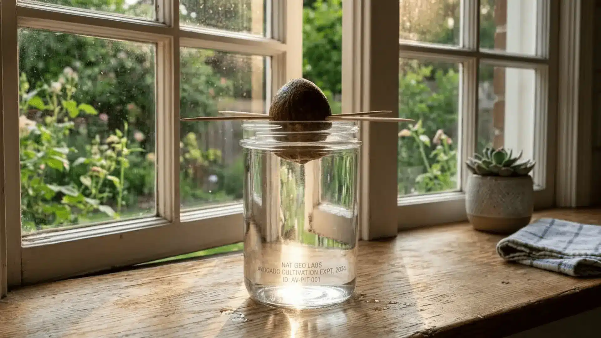 avocado pit in a glass jar on a sunny wooden windowsill with green foliage visible through the window