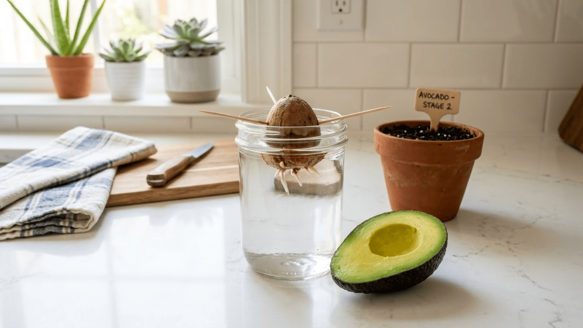 avocado pit in a glass jar with toothpicks beside a halved avocado and a small terracotta pot on a white kitchen counter