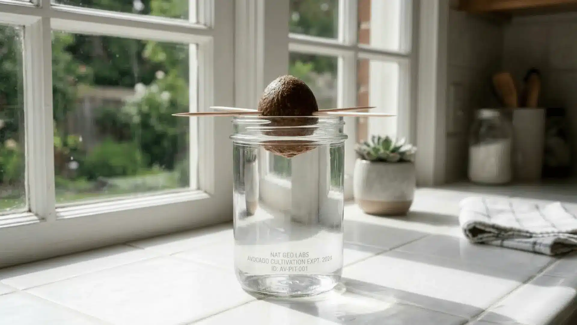 avocado pit suspended by toothpicks over a clear glass jar half submerged in water on a countertop