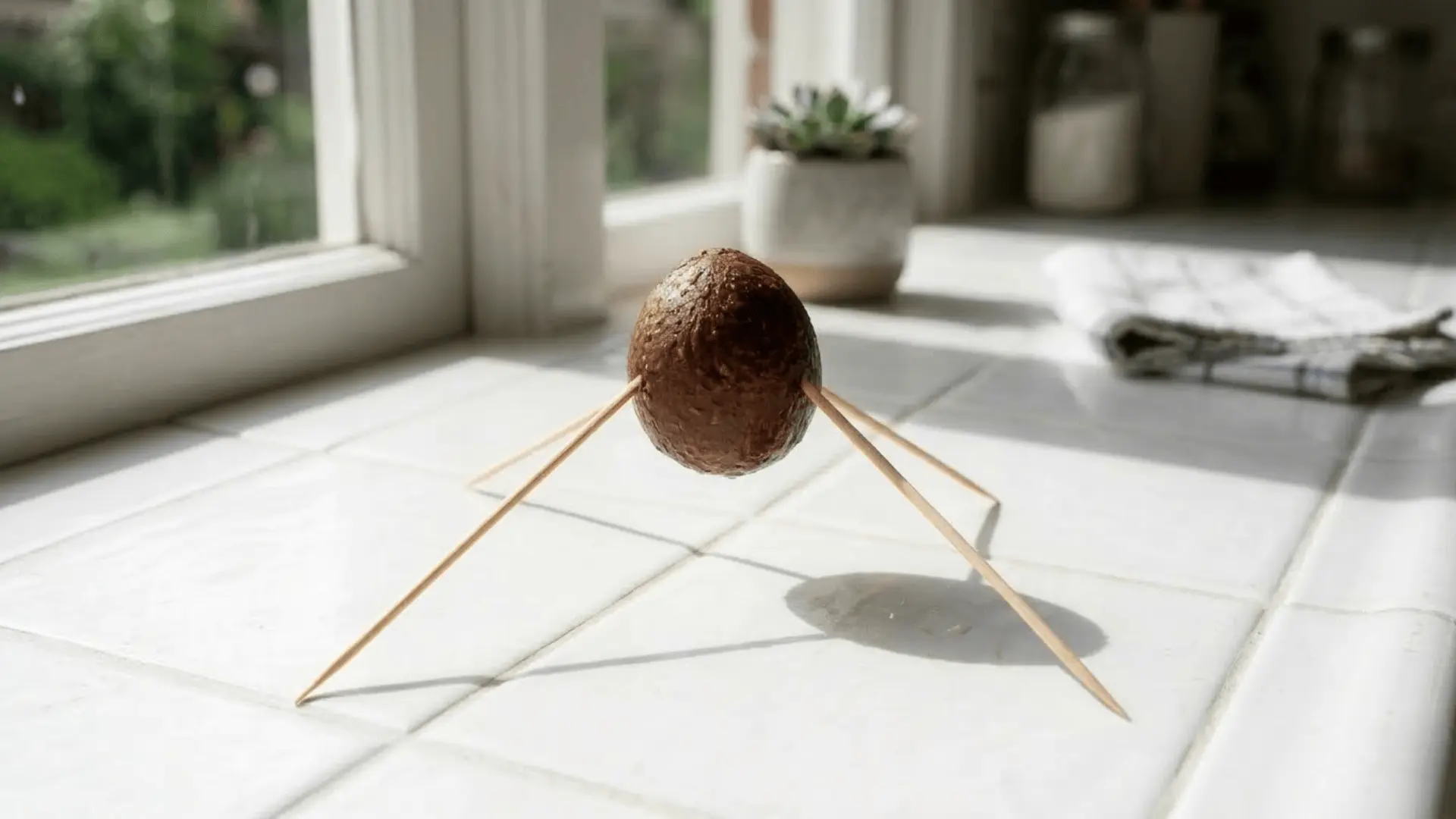 avocado pit with four toothpicks inserted around its midsection resting on a white kitchen counter