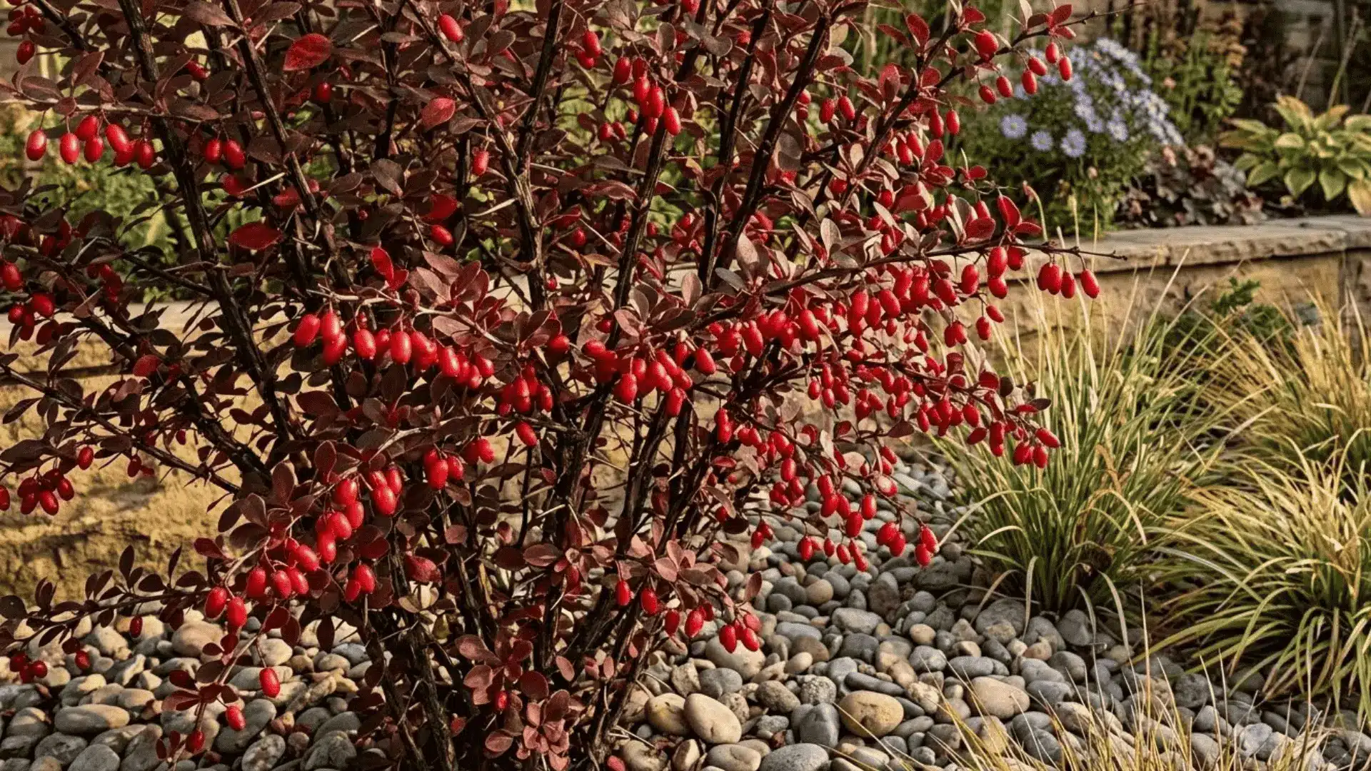 barberry shrub with burgundy foliage and bright red berries in a fall garden border