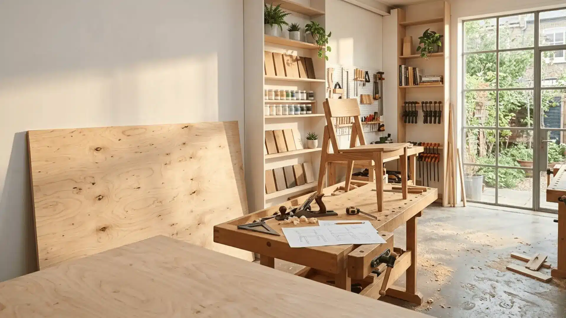 birch plywood sheet leaning against a white wall in a bright airy woodworking studio with natural afternoon light