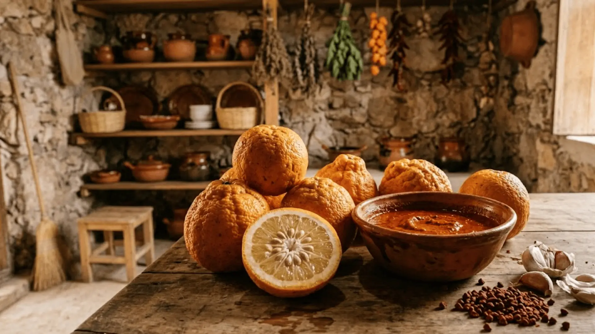 bitter oranges halved on a wooden surface in a yucatán kitchen beside cochinita pibil marinade