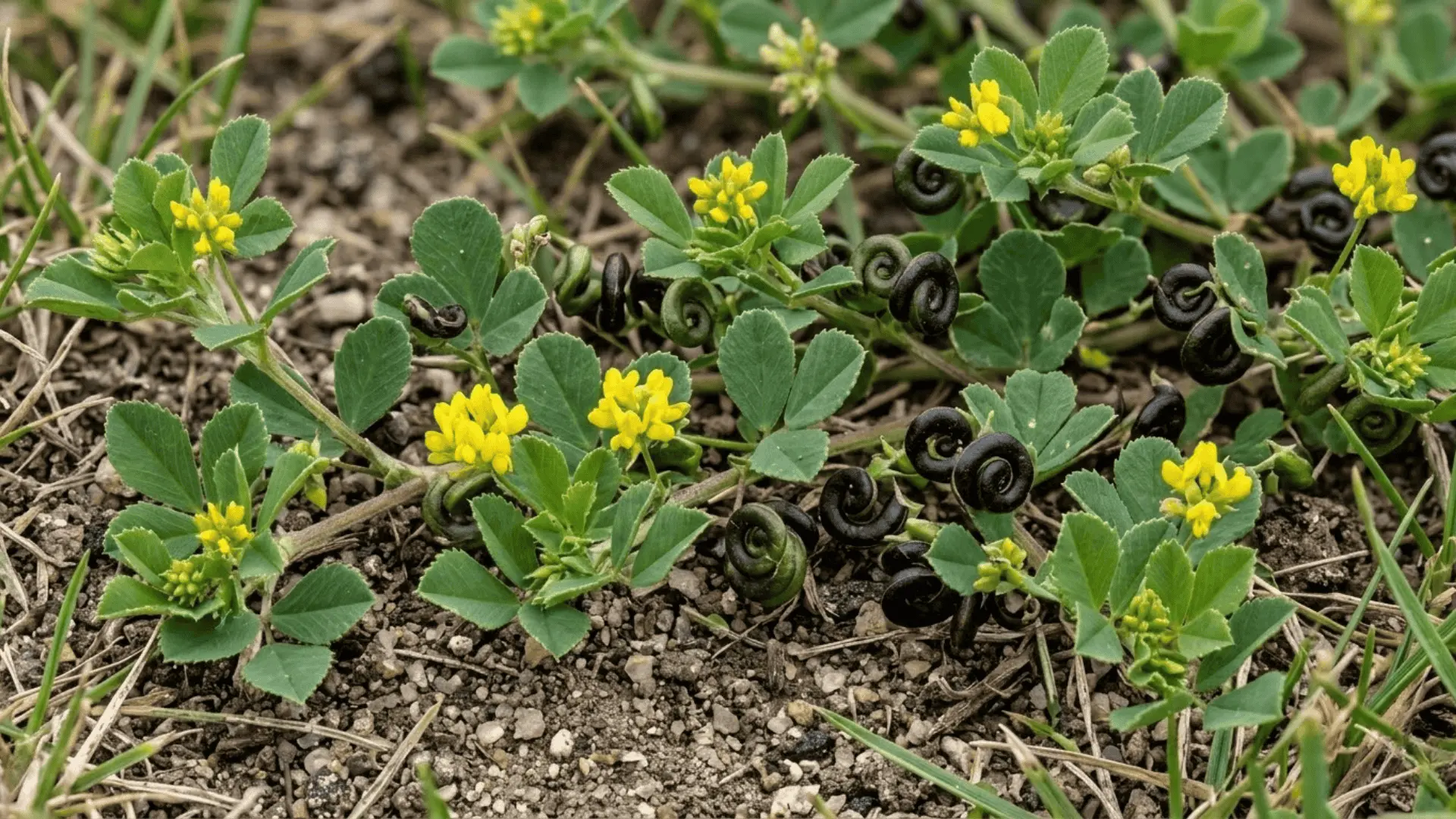 black medic with oval leaflets, tiny yellow flowers, and dark coiled seed pods growing in compacted lawn soil