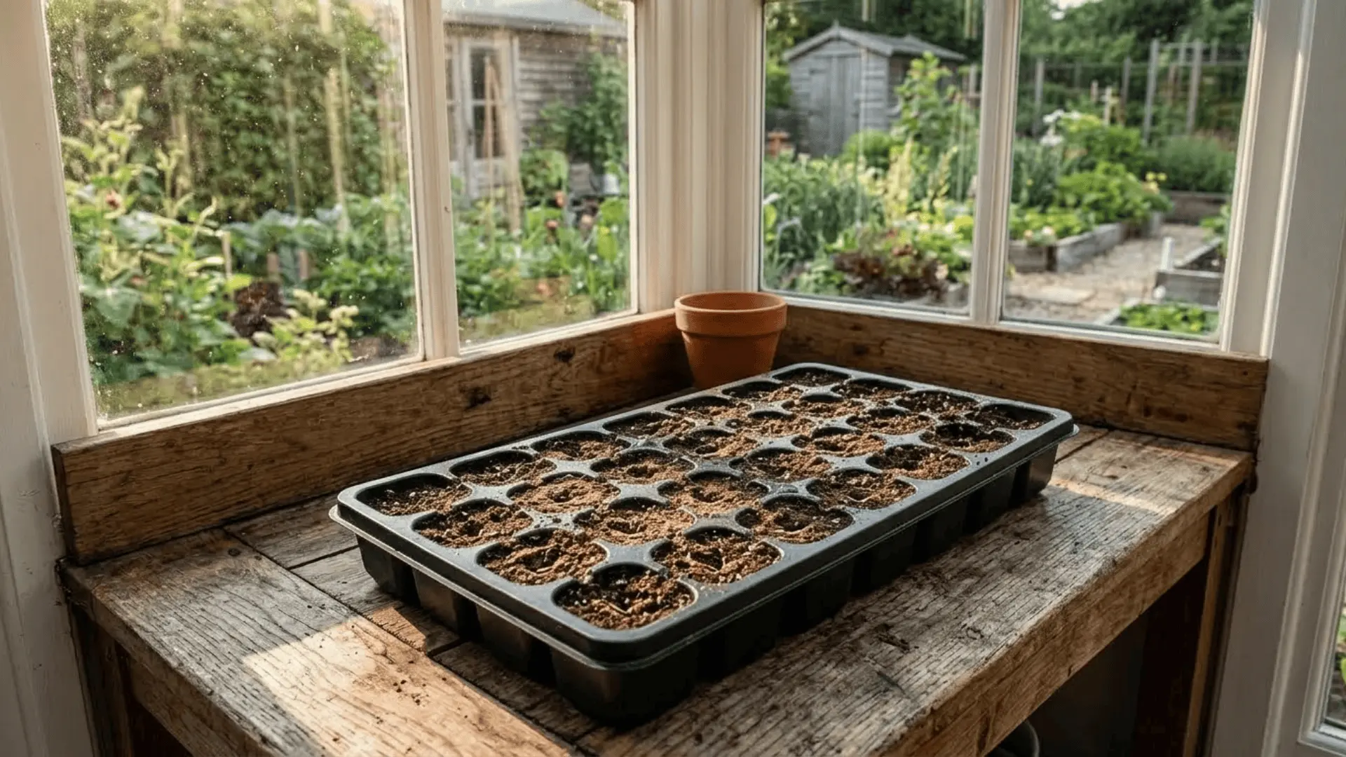 black seed tray placed on a bright sunny windowsill with natural daylight falling across the soil