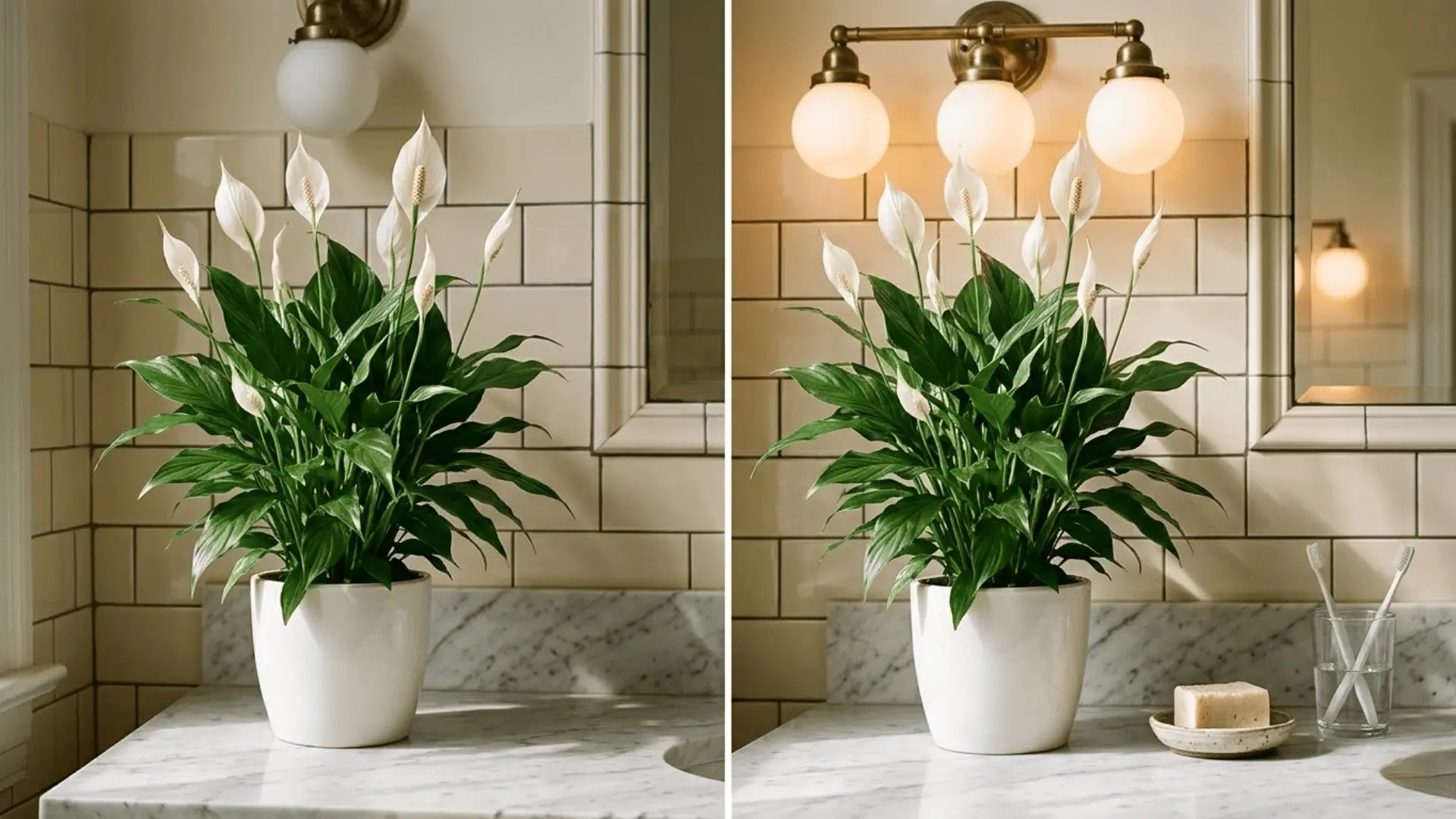 blooming peace lily on a marble bathroom counter with cream tiles and warm vanity lighting