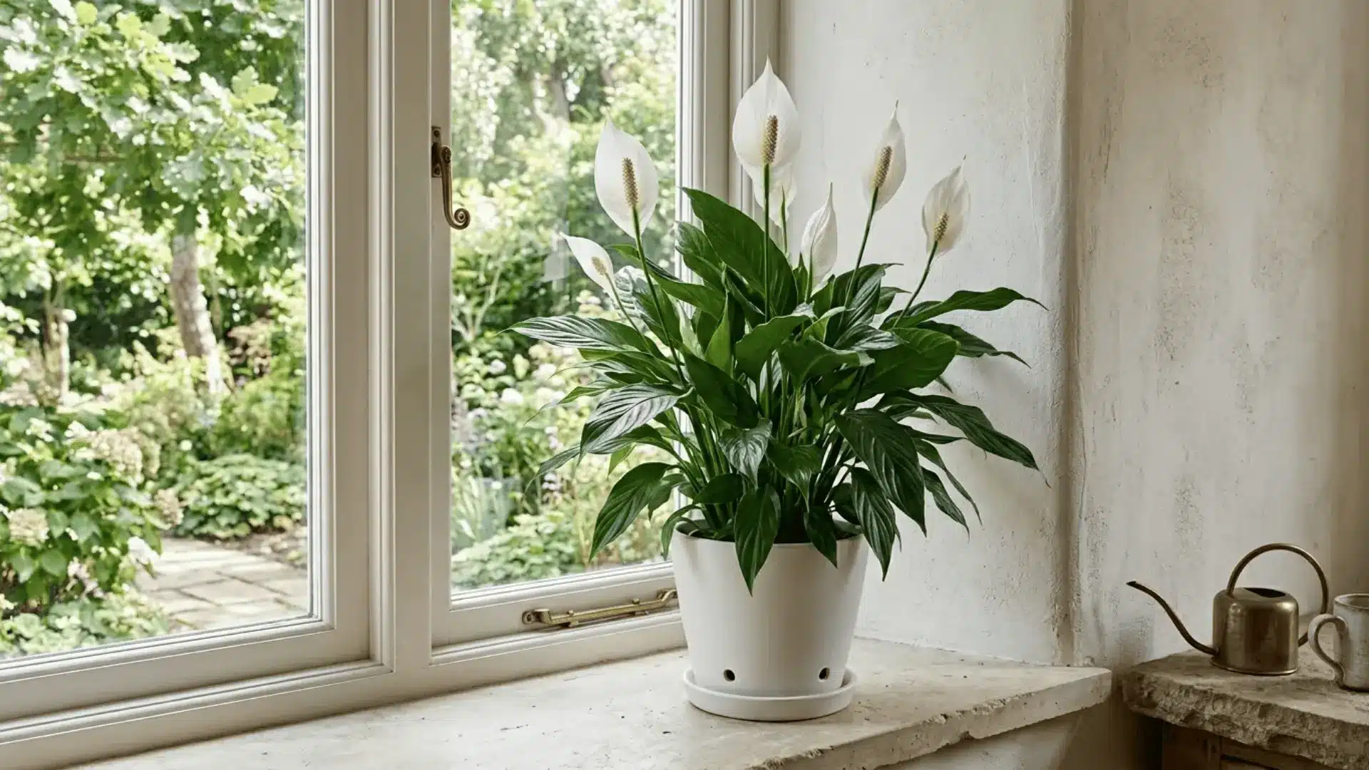 blooming peace lily with white spathes in a white ceramic pot near a sunlit window