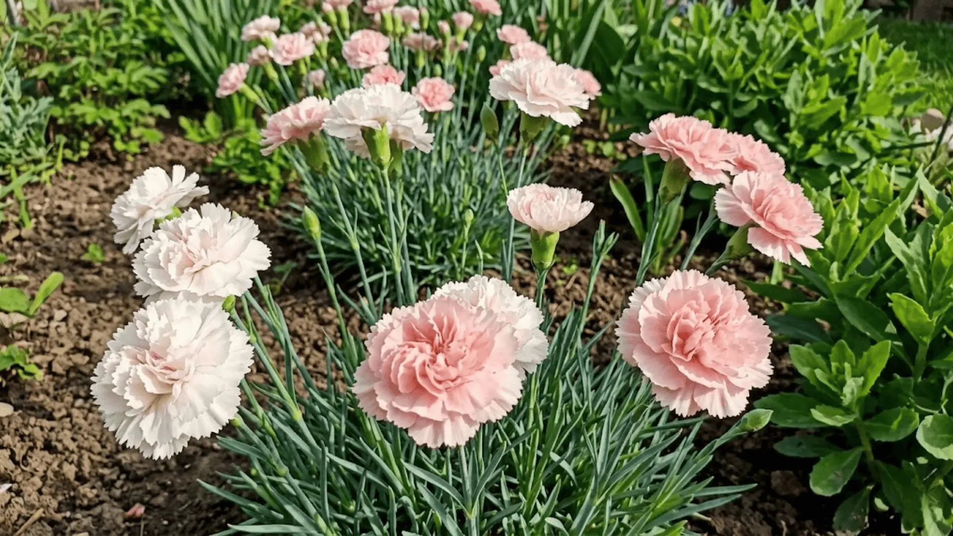 blush pink and white carnations with frilled densely packed petals growing in a spring garden bed