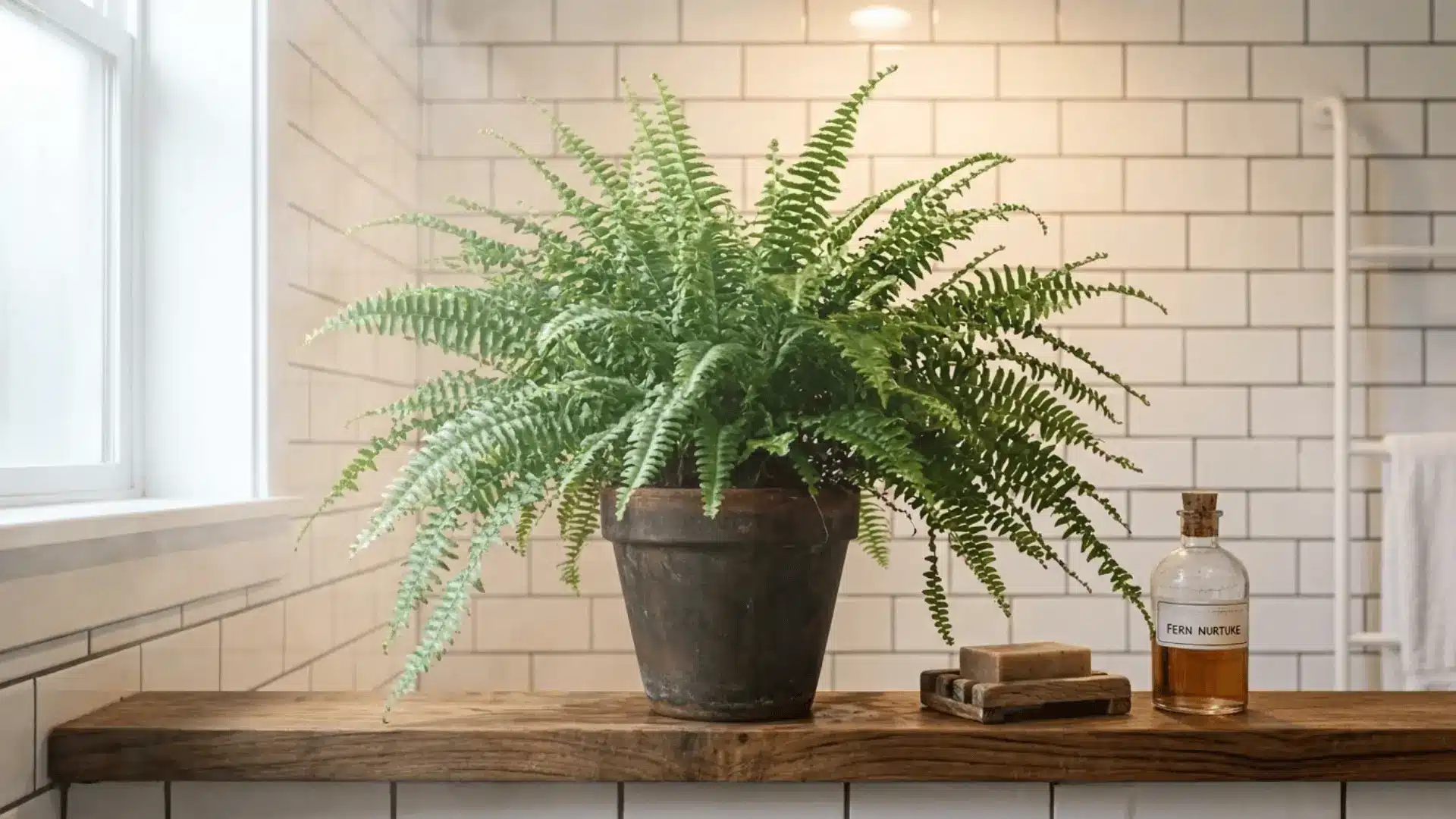 boston fern on a teak bathroom shelf with feathery fronds and white brick tile wall in the background