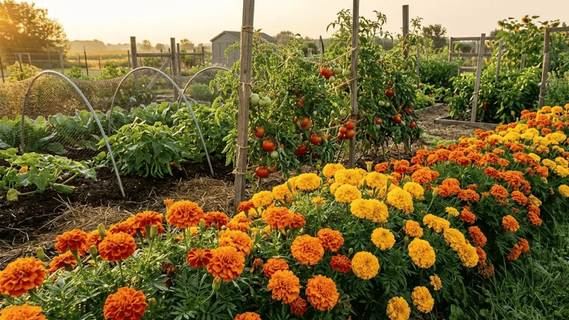 bright orange and yellow marigolds in full bloom along the edge of a vegetable garden