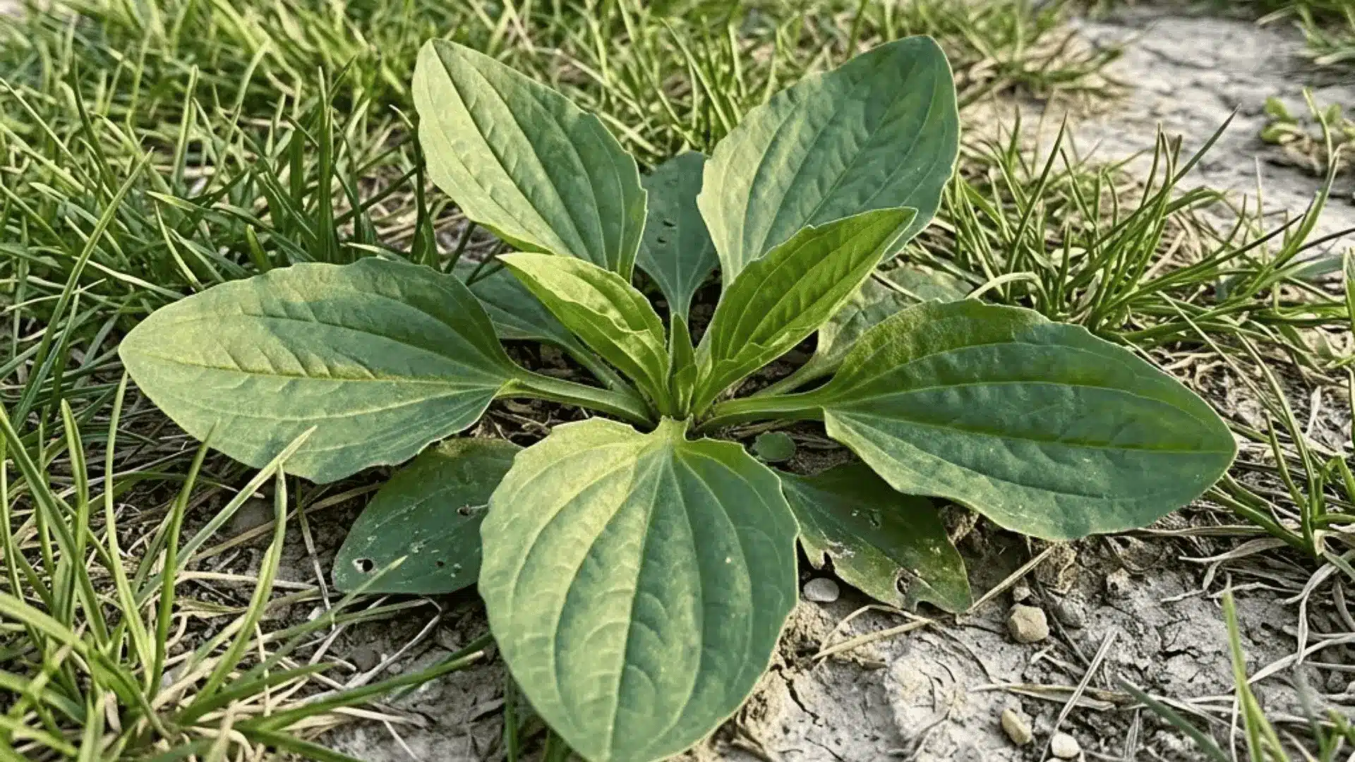 broadleaf plantain with wide oval leaves and parallel veins forming a low rosette in compacted lawn soil