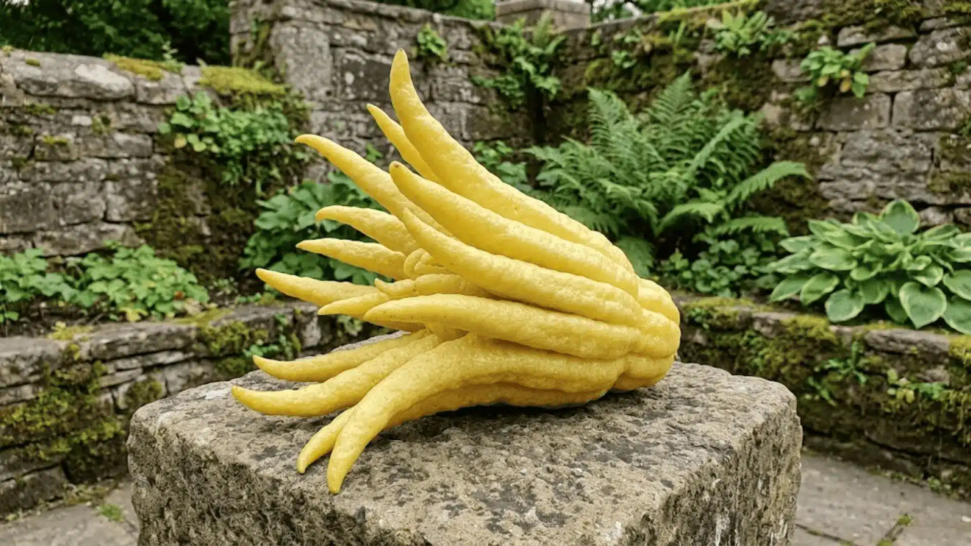 buddha's hand citrus fruit with finger-like segments on rough stone surface outdoors