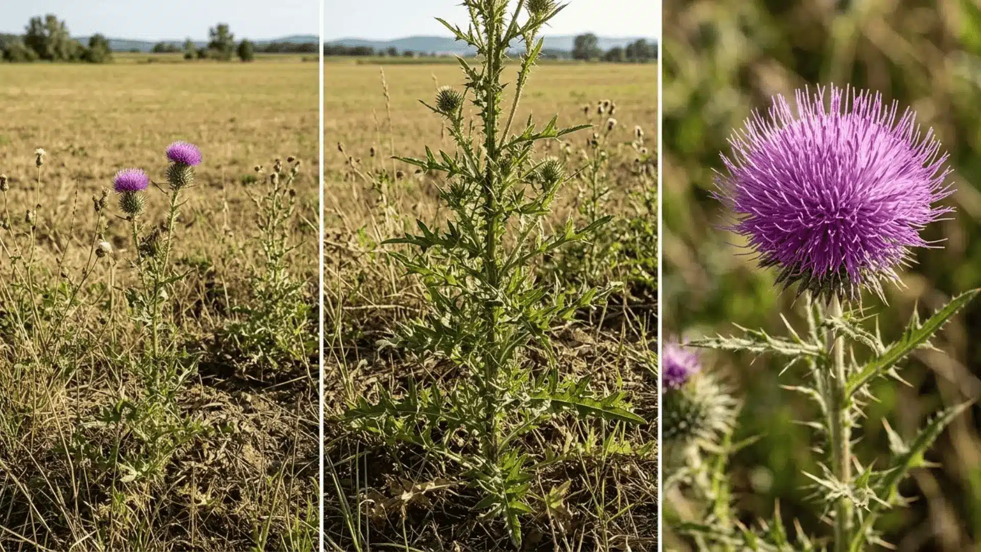 bull thistle with spiny lobed leaves and purple flower heads growing tall in an open disturbed field