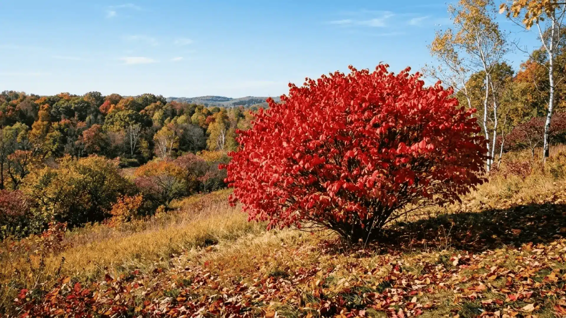 burning bush shrub in peak autumn color with vivid scarlet foliage in a fall garden landscape
