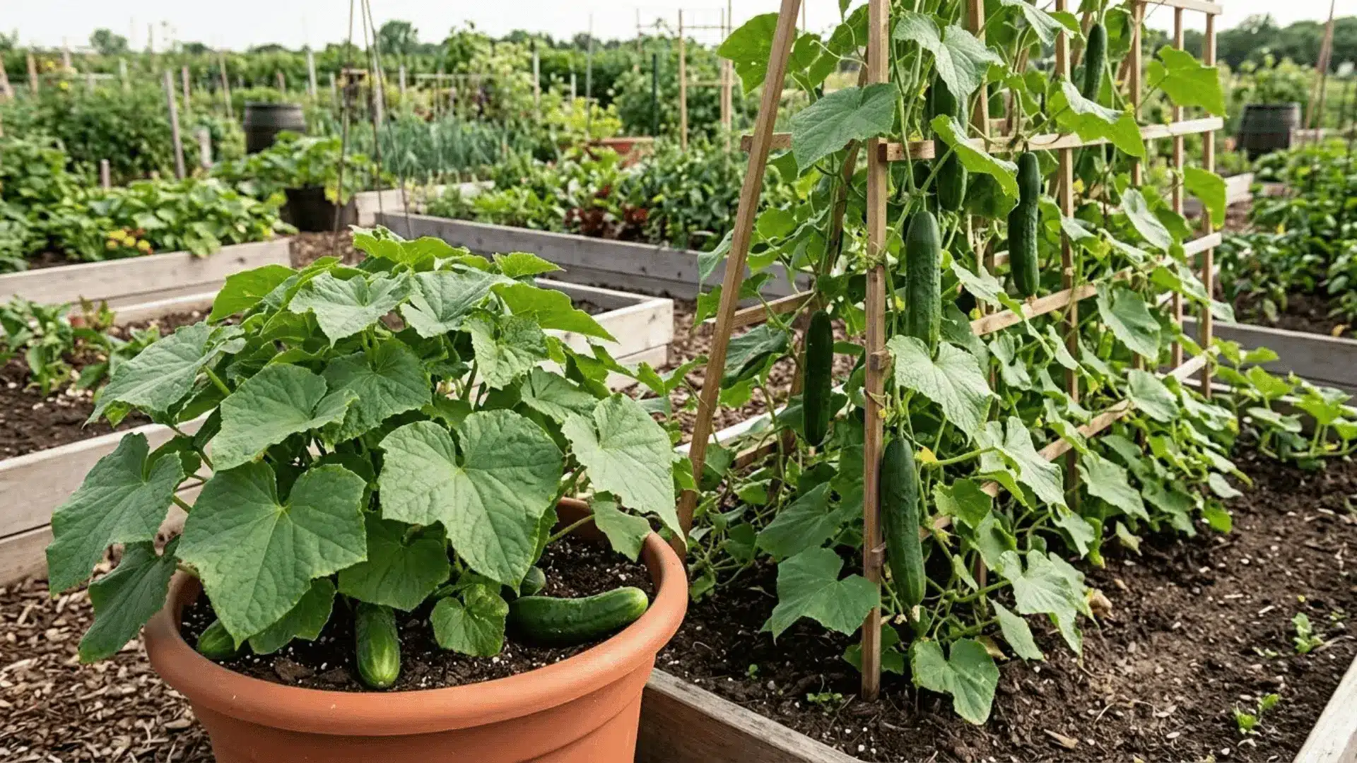 bush cucumber in terracotta pot beside a vining cucumber climbing a wooden trellis in an open garden