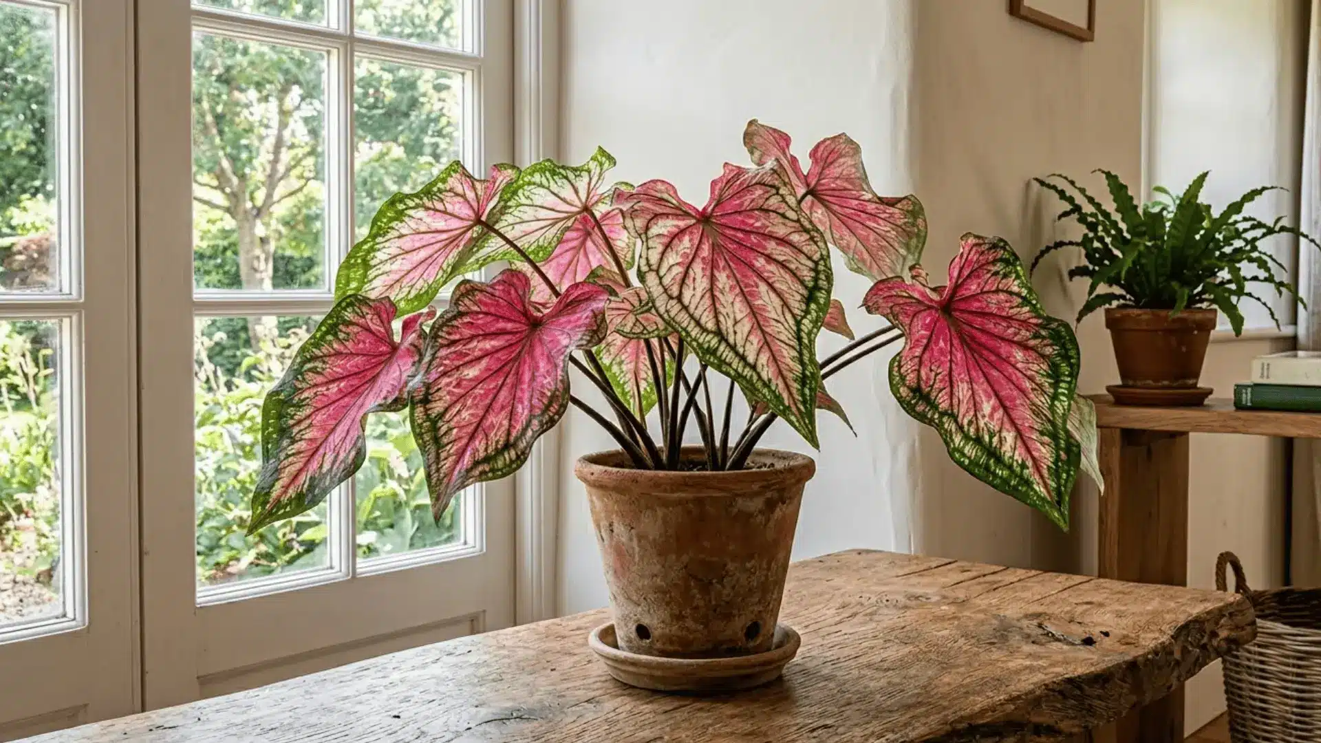 caladium plant with vibrant pink white and green patterned leaves in a terracotta pot on wood surface
