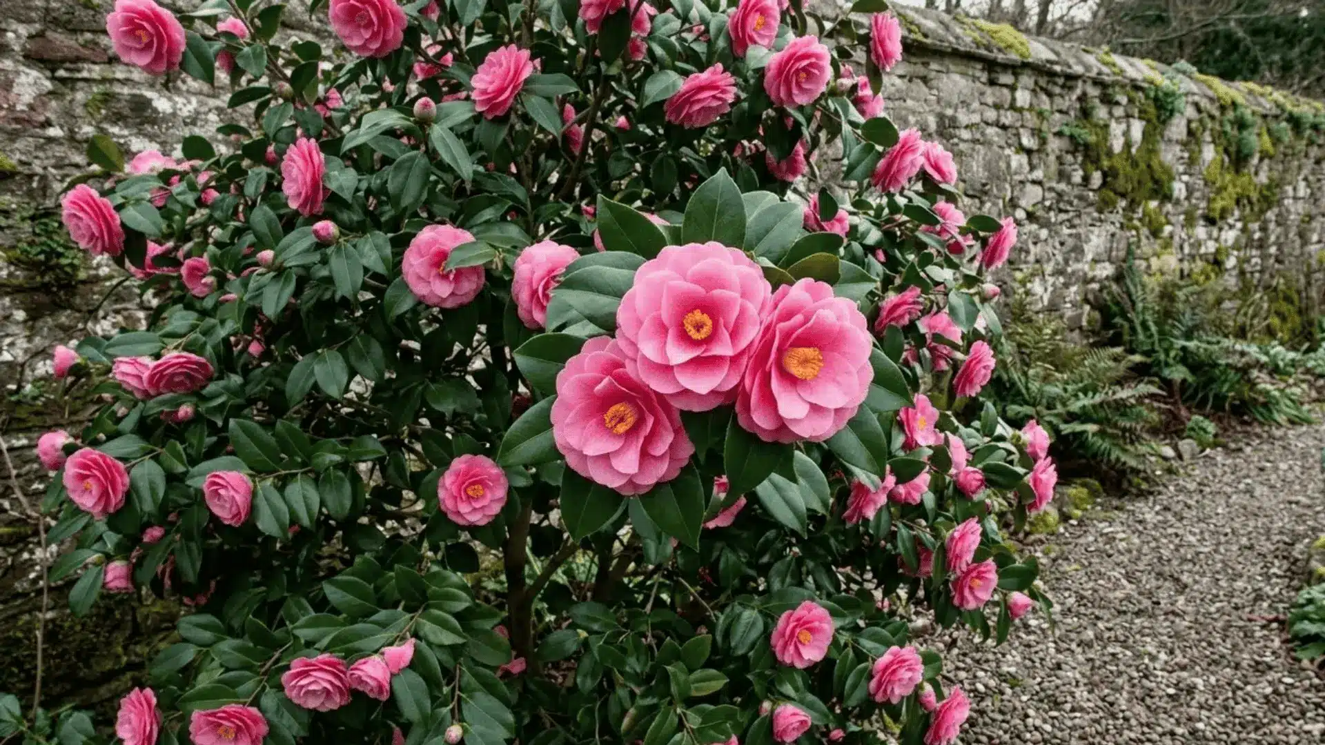 camellia shrub with dark glossy foliage and large pink blooms photographed in late winter garden