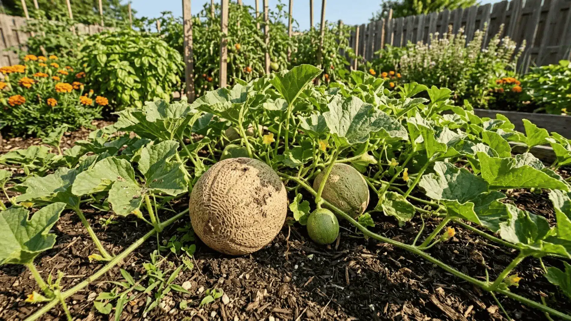 cantaloupe plant with netted melons and green vines growing in a sunny home garden bed