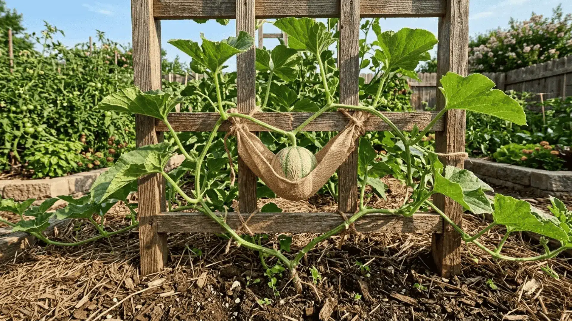 cantaloupe vine trained on a wooden trellis with a developing melon in a fabric sling in a garden