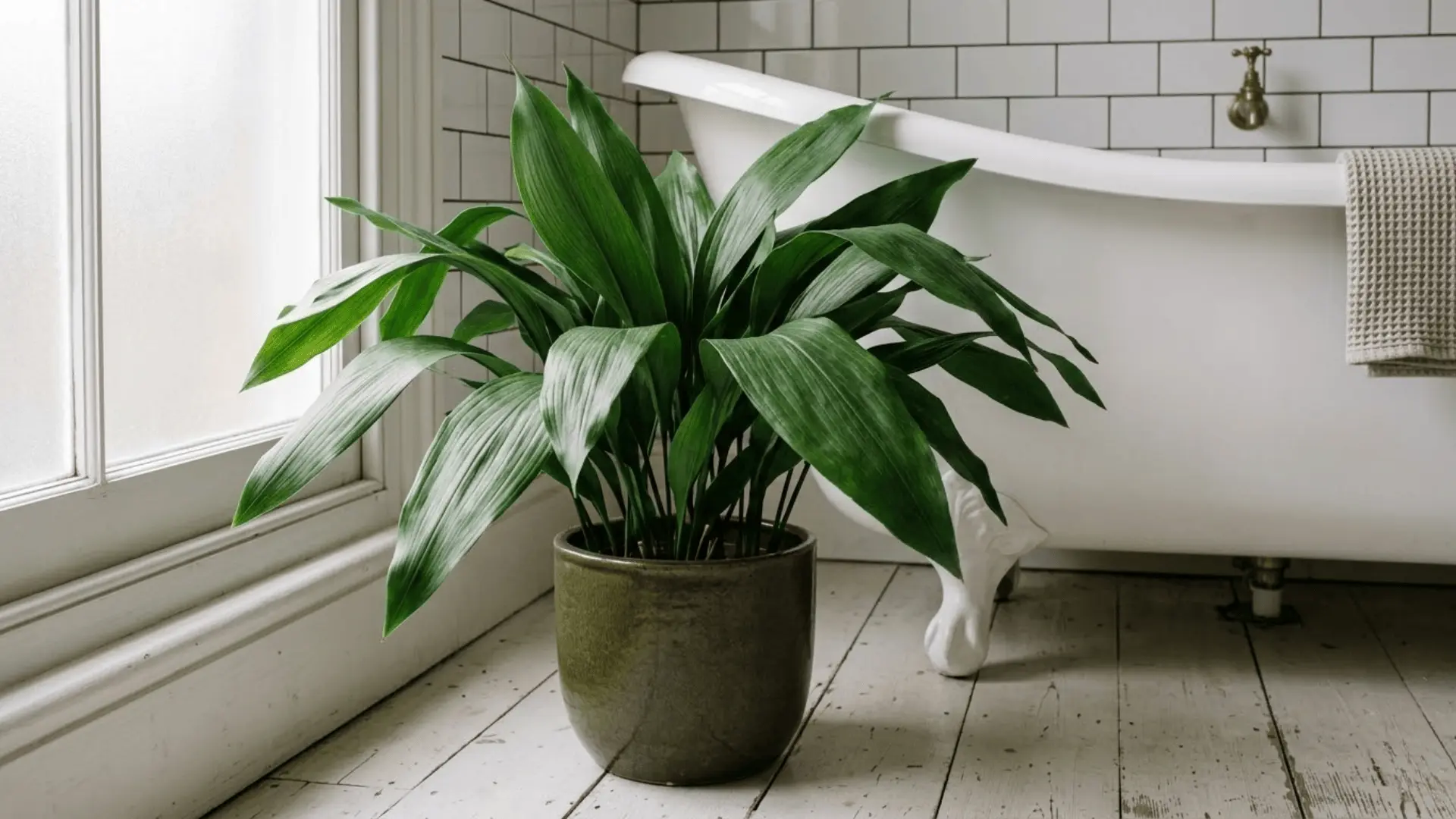 cast iron plant in an olive ceramic pot on a bathroom floor beside a freestanding white bathtub