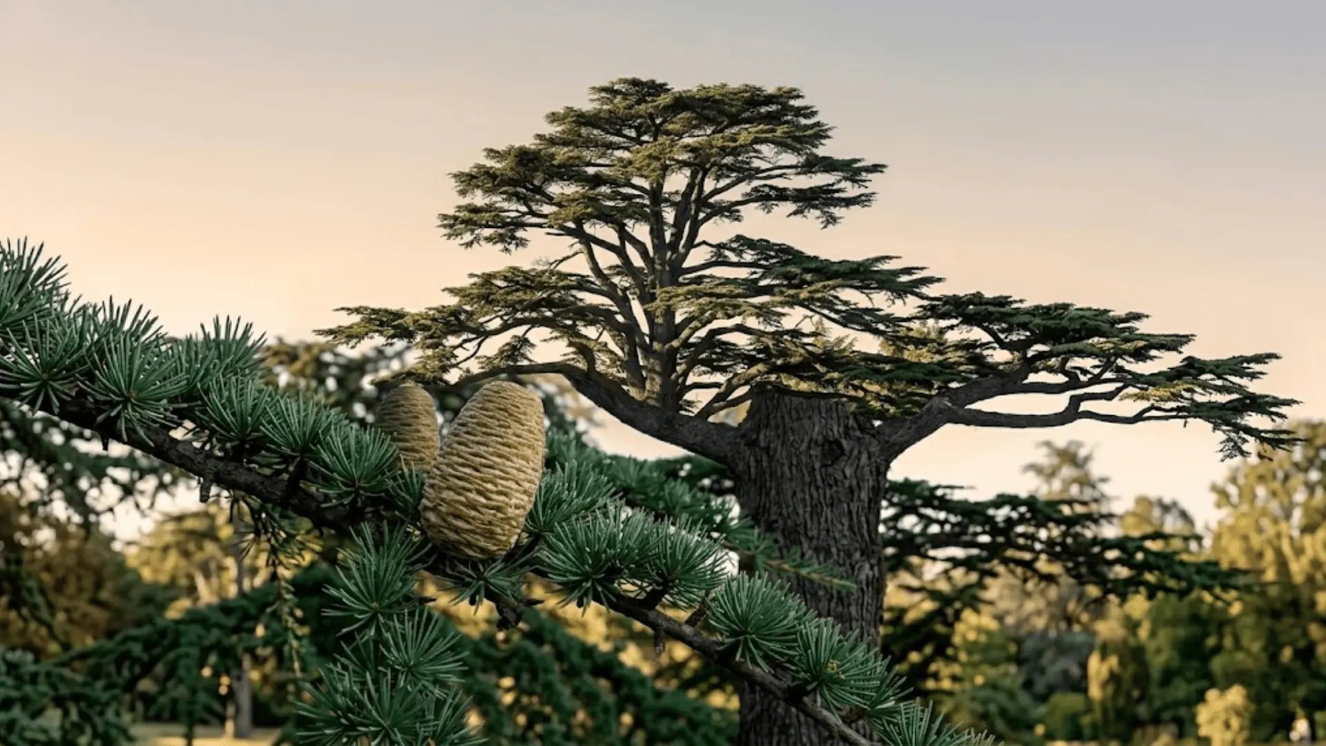 cedar of lebanon with layered spreading branches and needle rosette clusters in warm afternoon light