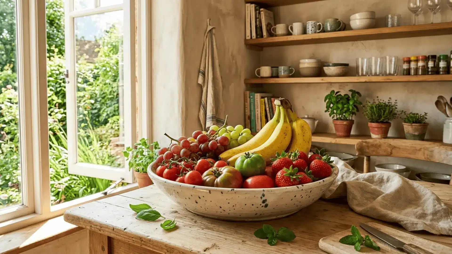 ceramic bowl of mixed fruits including bananas grapes and strawberries on a sunlit wooden kitchen table