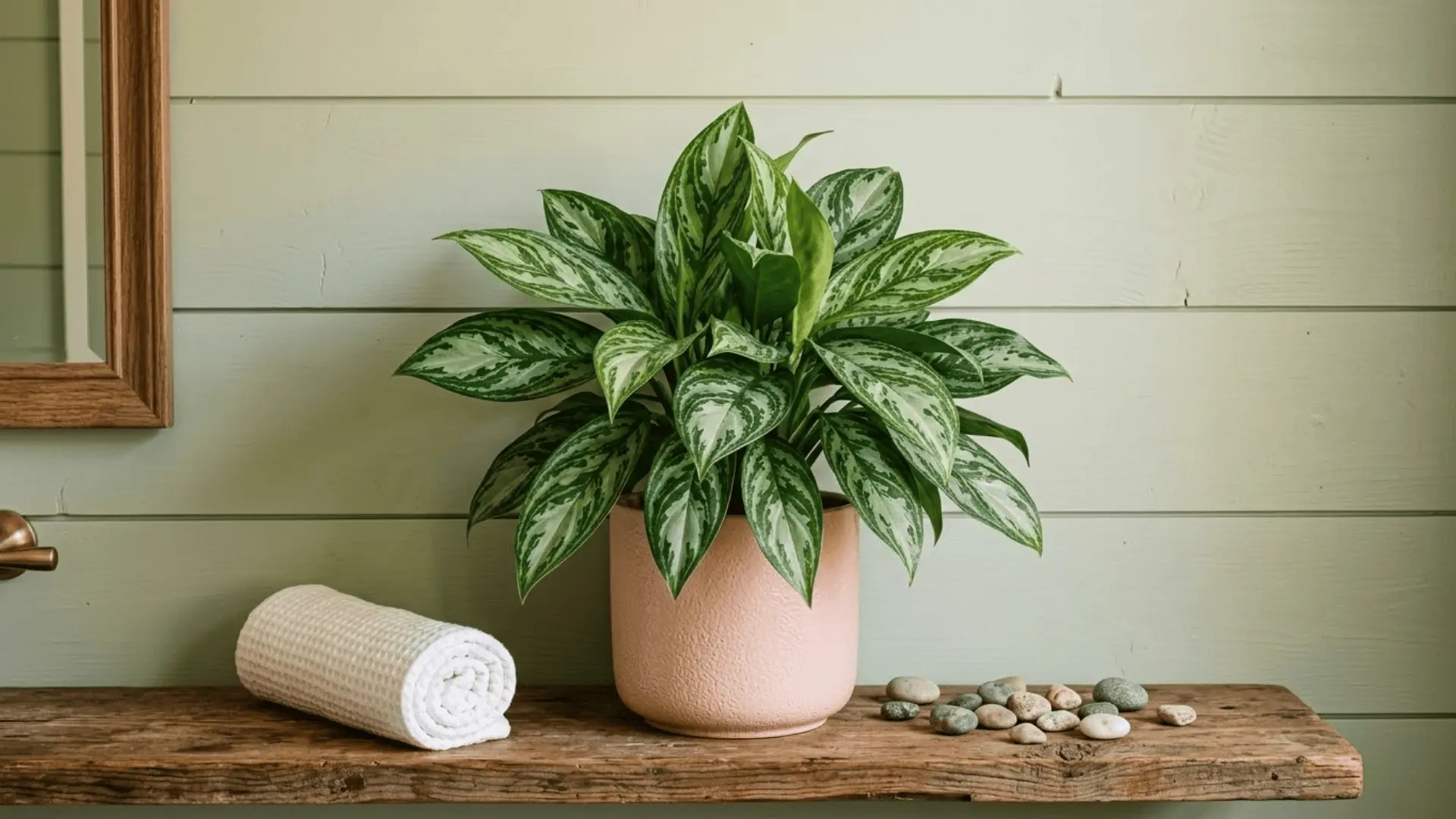 chinese evergreen with patterned leaves in a blush pot on a wooden shelf with sage green shiplap wall