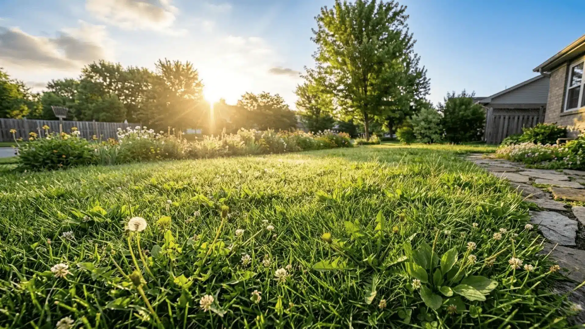 close ground-level view of a residential lawn with mixed weeds and healthy grass in warm morning light