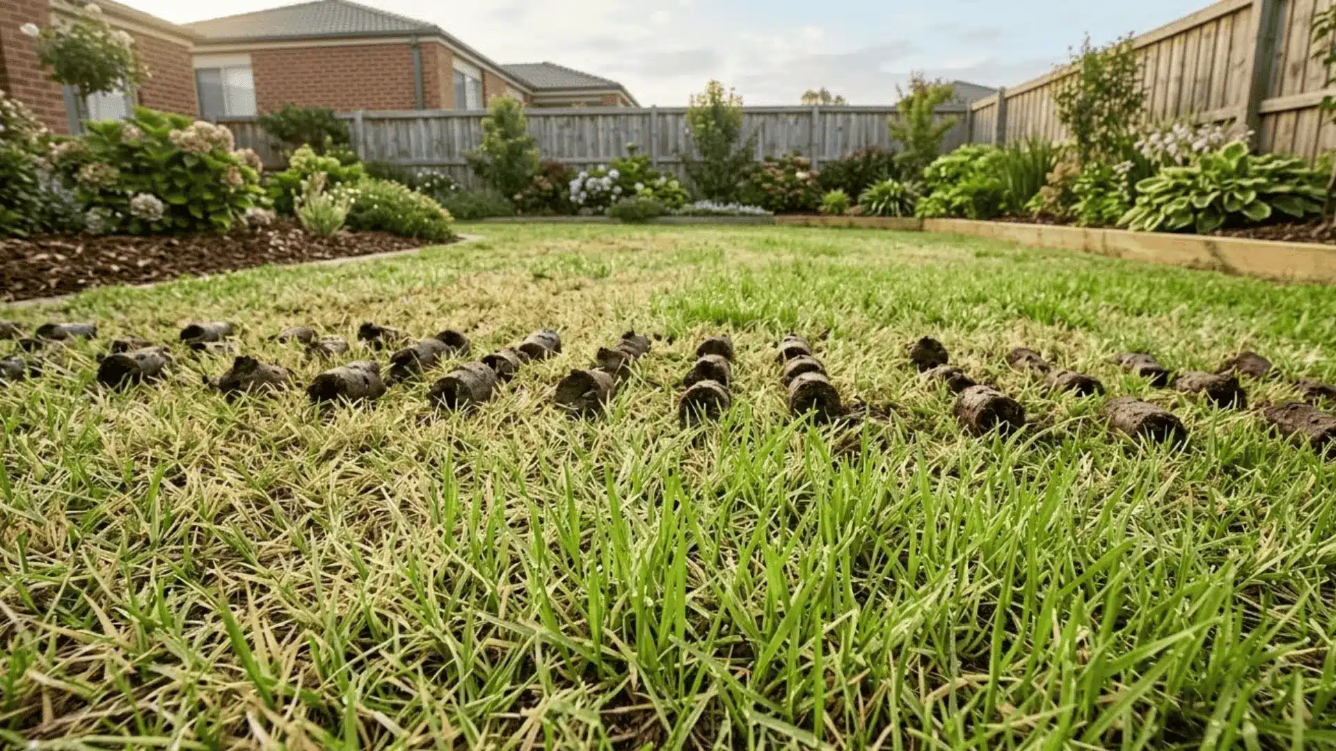 close-up of dormant lawn showing fresh green regrowth, aeration holes, and morning dew during early recovery