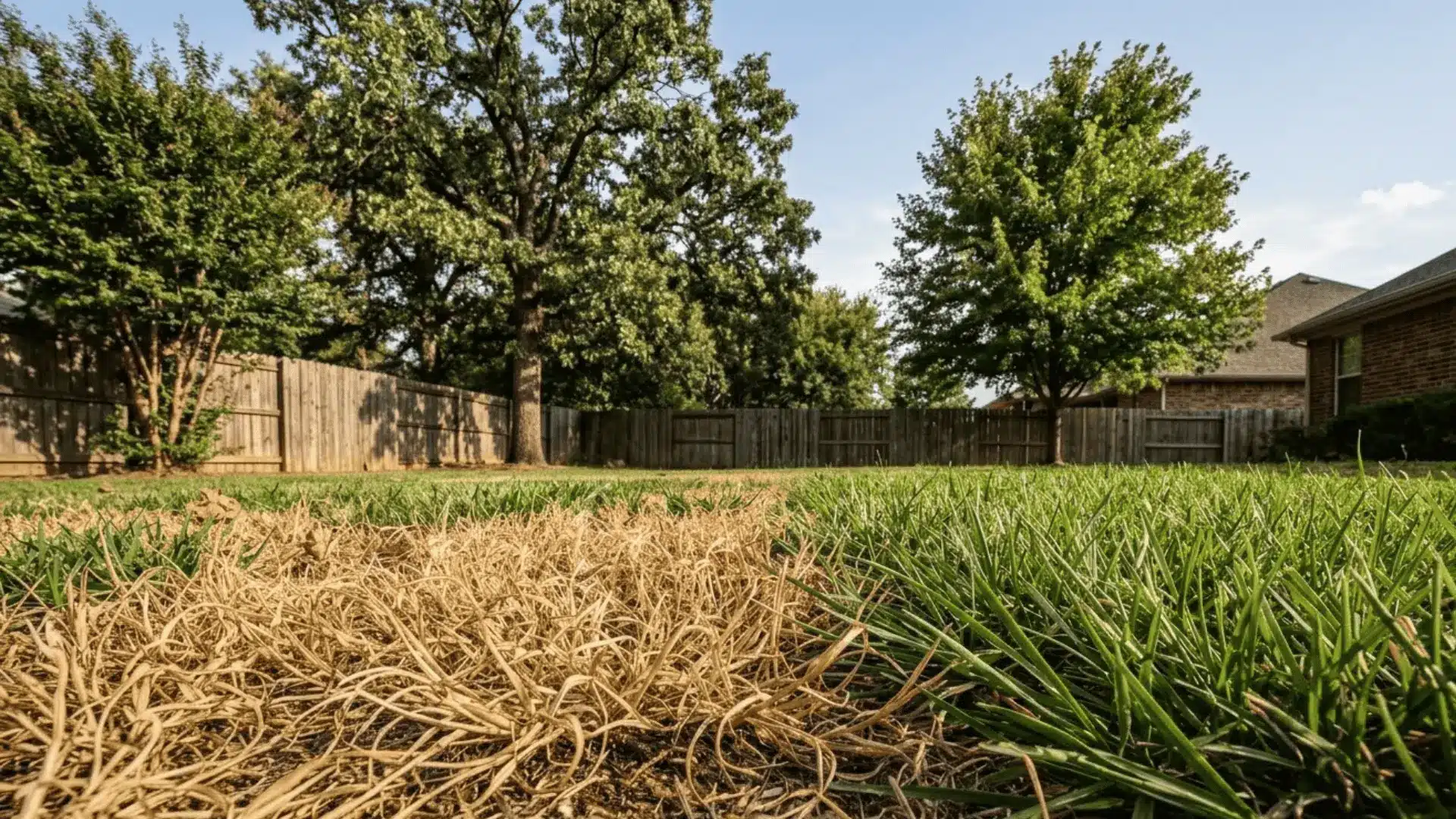 close-up of dry straw-colored dead grass patches next to green healthy lawn in natural sunlight