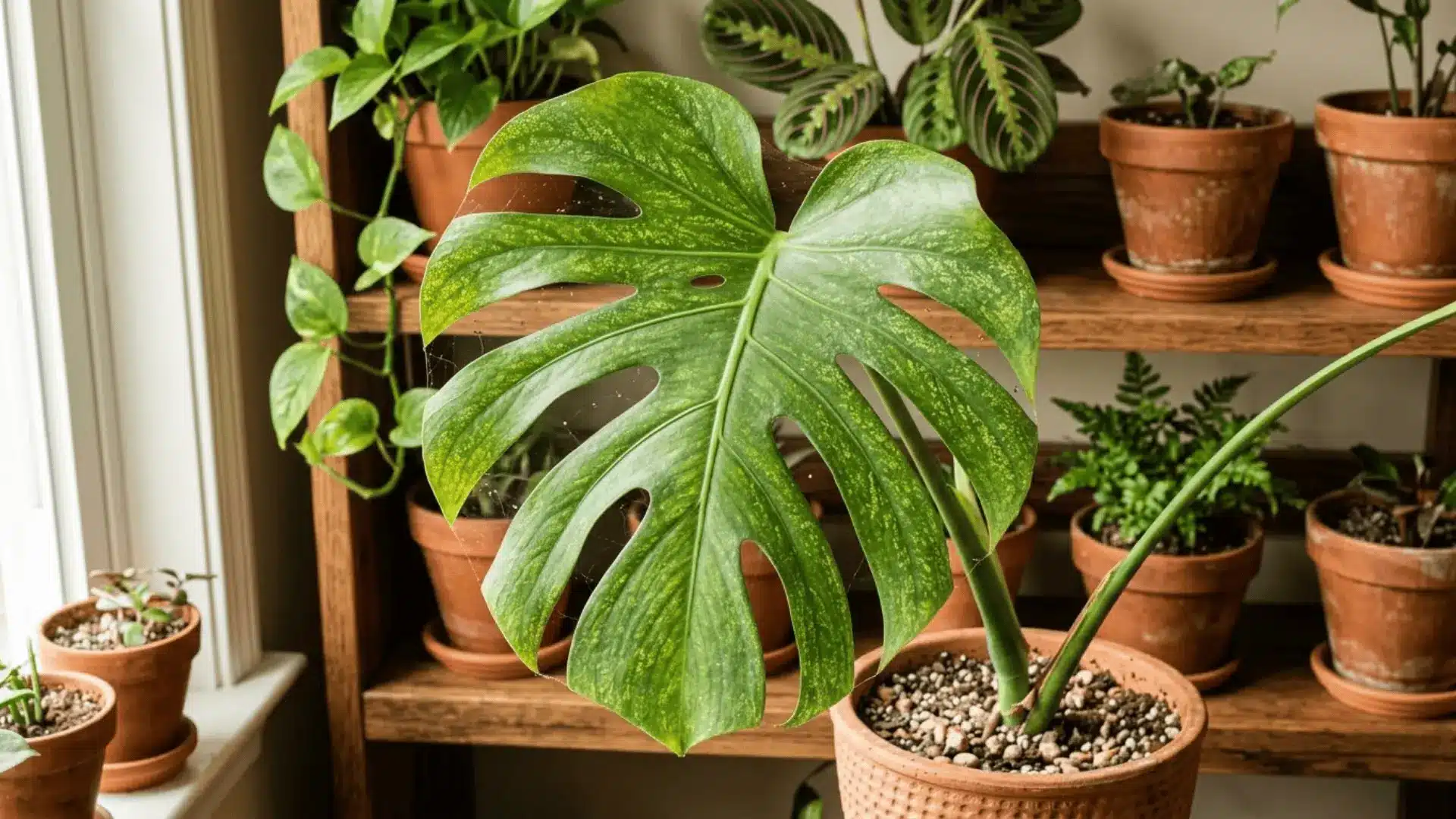 close-up of monstera leaf with spider mite damage showing yellow stippling and fine webbing in natural light