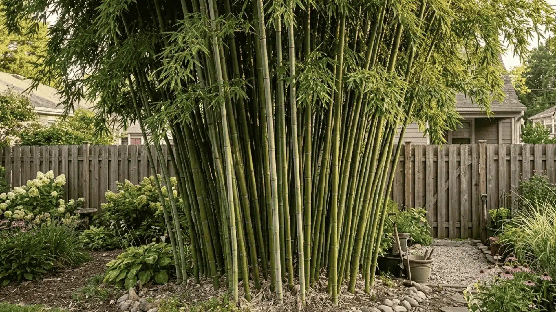 clumping bamboo with tall graceful canes and narrow green leaves growing in a garden setting