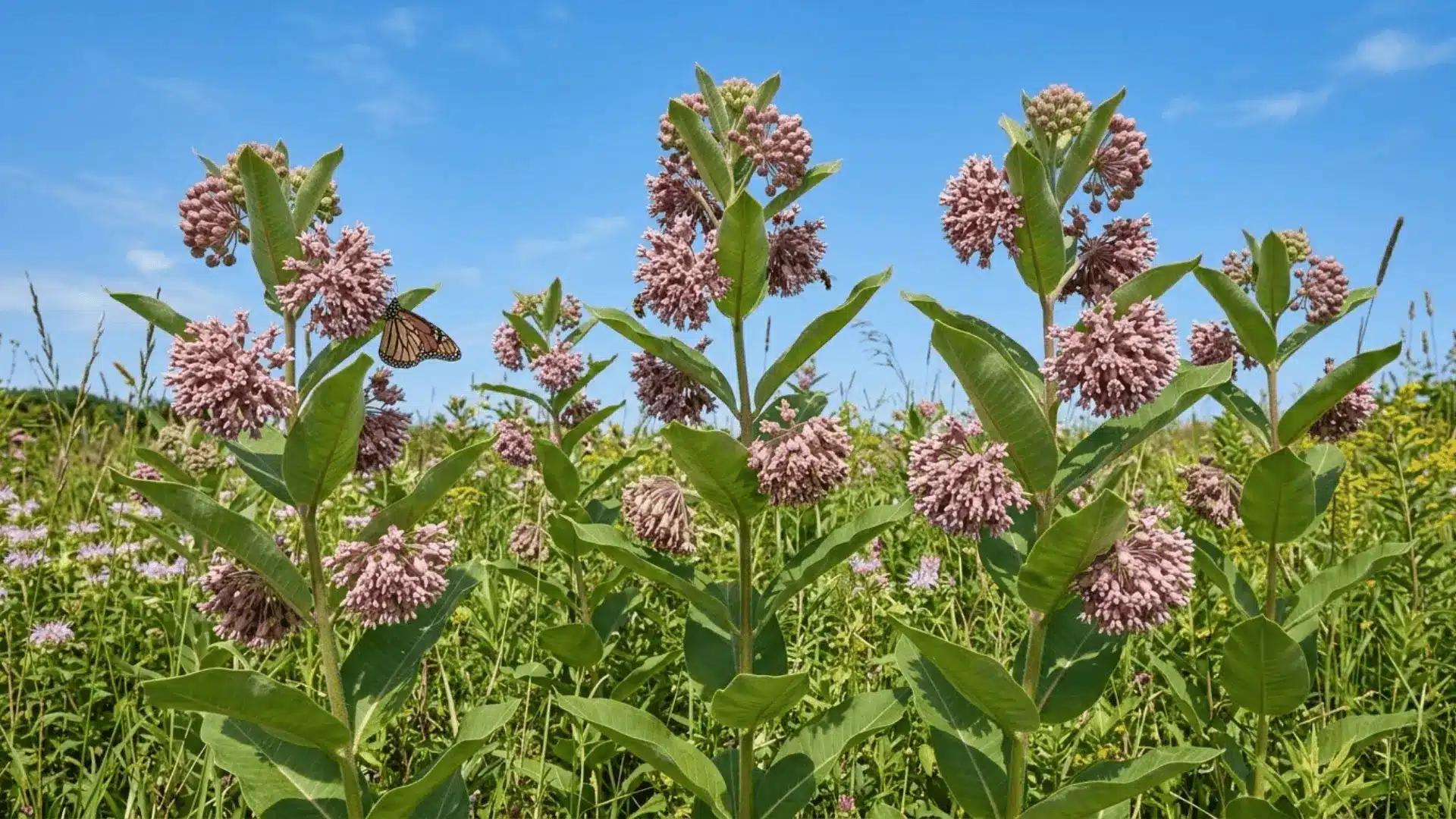 common milkweed in peak bloom with soft pink flower clusters against a clear blue sky