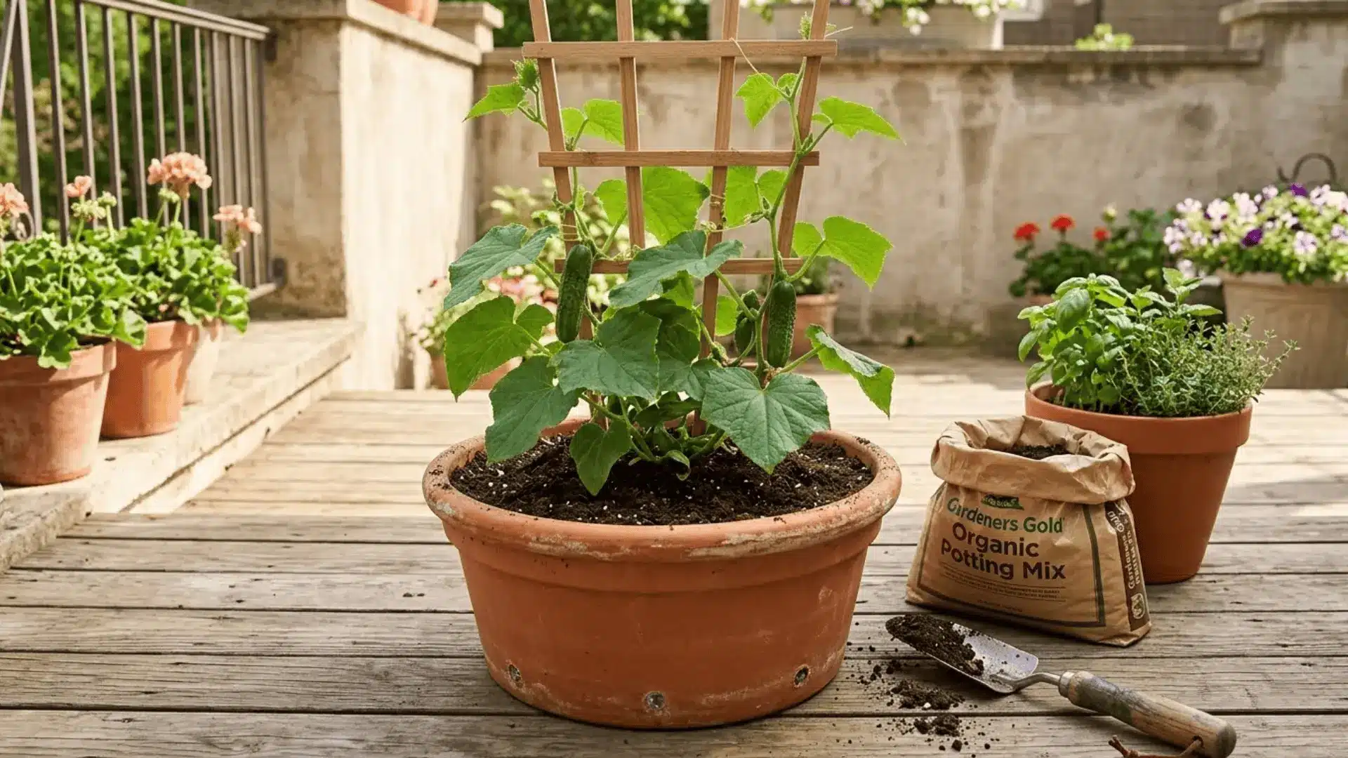 compact bush cucumber plant growing in a large terracotta container on a sunny patio with a small trellis inside