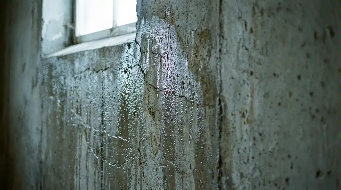 Close-up of a damp concrete wall with peeling paint near a window