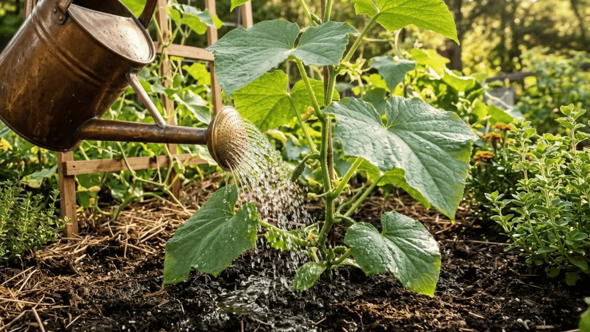 copper watering can directing water at the base of a cucumber plant with mulched soil and surrounding garden bed