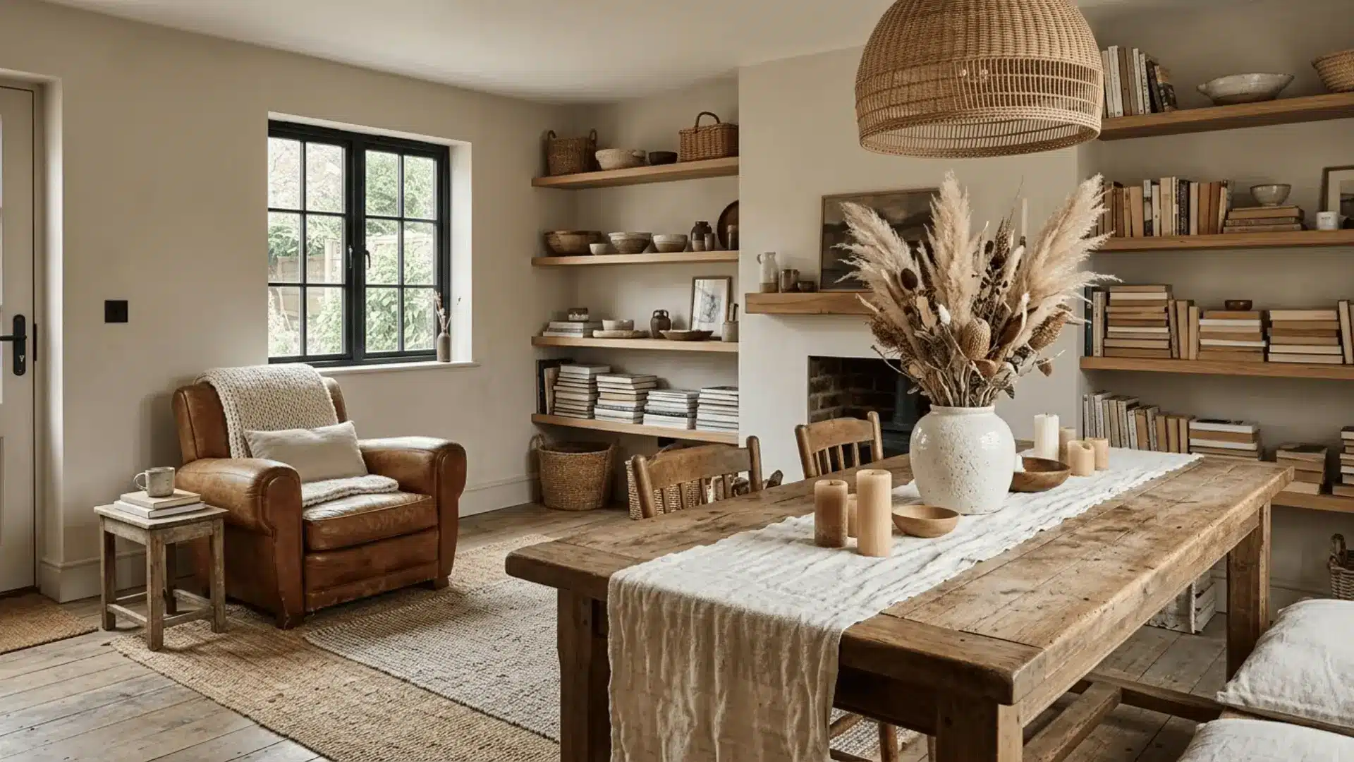 cozy modern farmhouse living room with greige walls, reclaimed wood table, pampas grass, and matte black accents